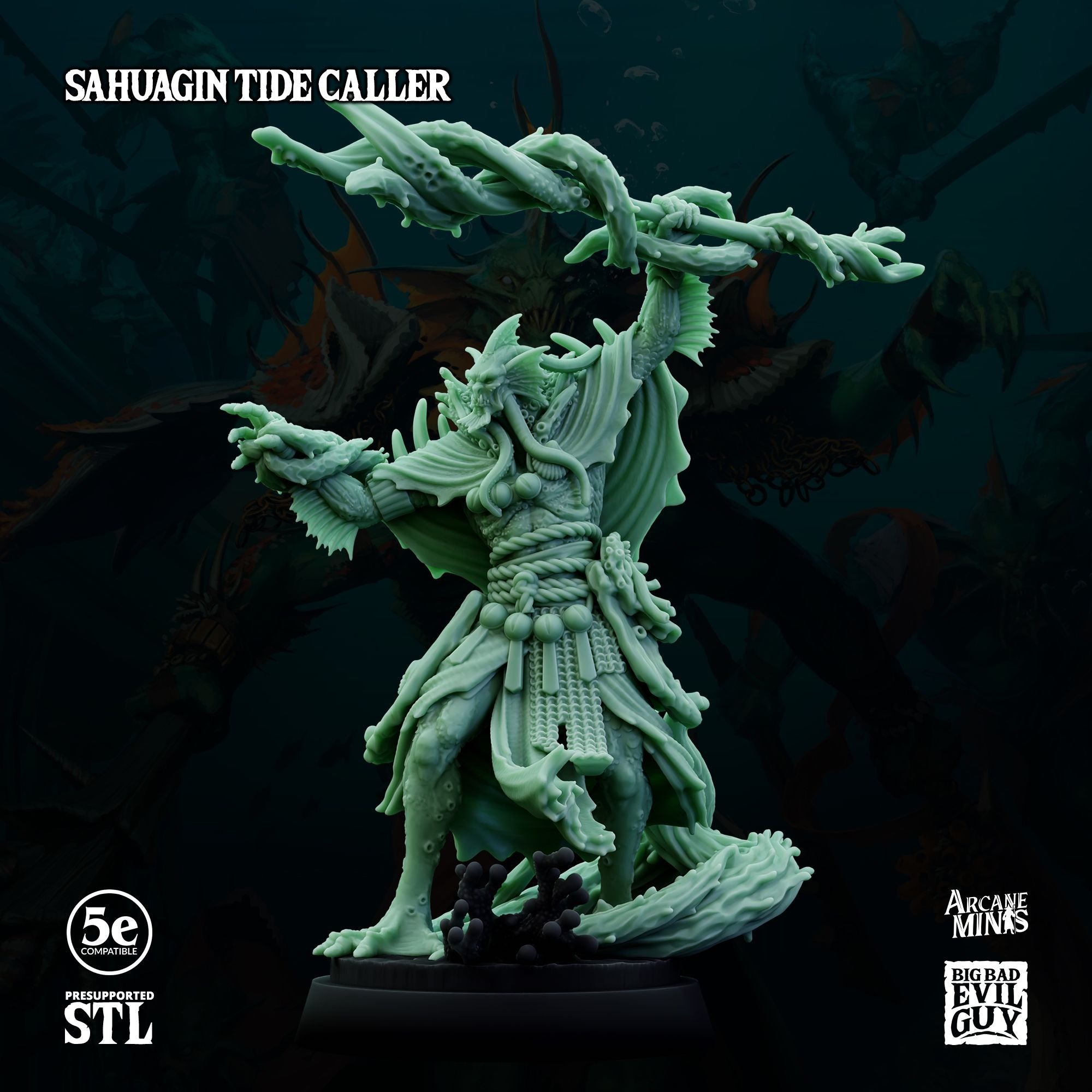 Krytona Skrill, Sahaugin Lord and Minions - 3d Printed Miniature Sculpted by Big Bad Evil Guys