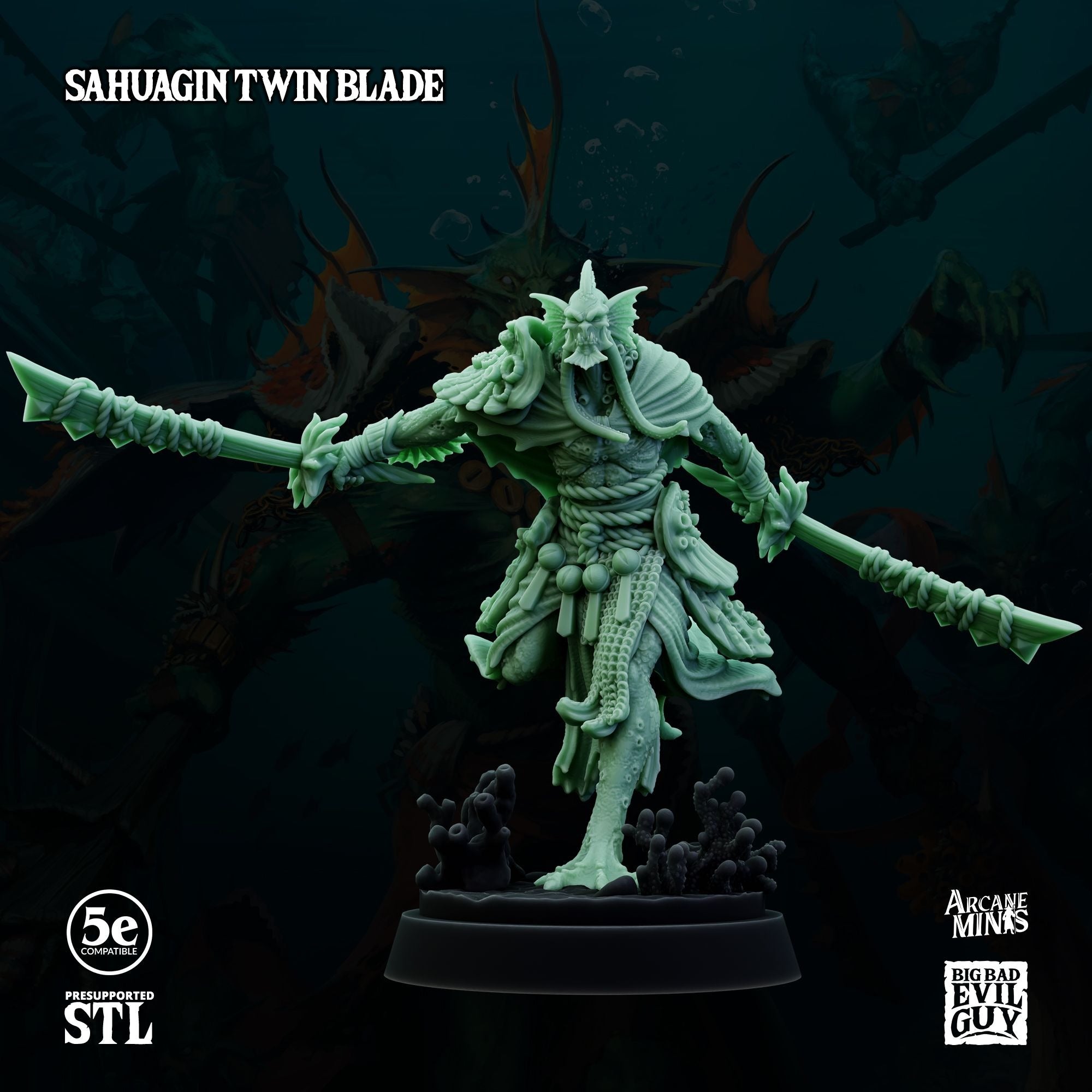 Krytona Skrill, Sahaugin Lord and Minions - 3d Printed Miniature Sculpted by Big Bad Evil Guys