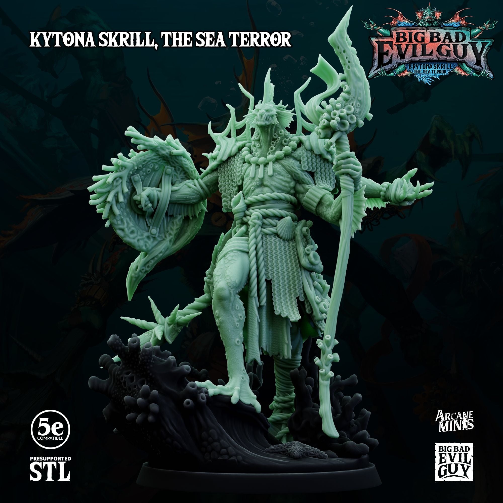 Krytona Skrill, Sahaugin Lord and Minions - 3d Printed Miniature Sculpted by Big Bad Evil Guys