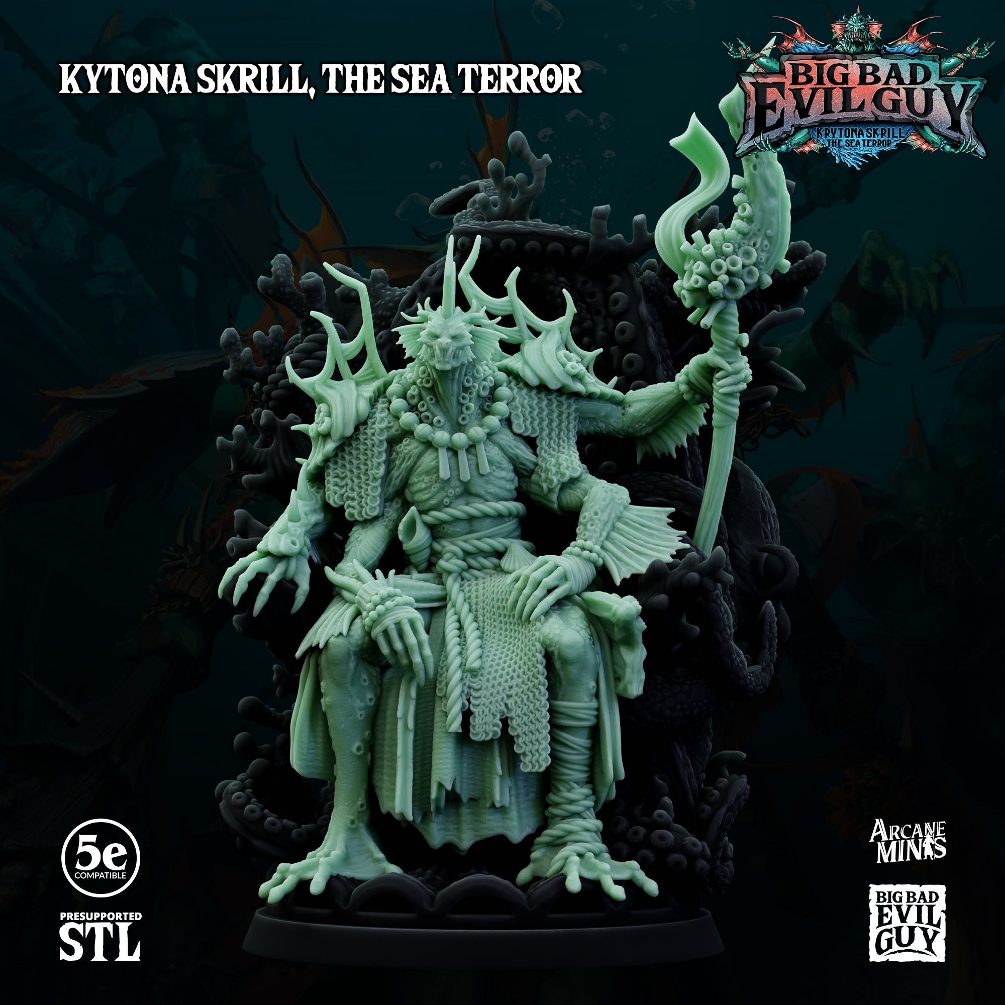 Krytona Skrill, Sahaugin Lord and Minions - 3d Printed Miniature Sculpted by Big Bad Evil Guys