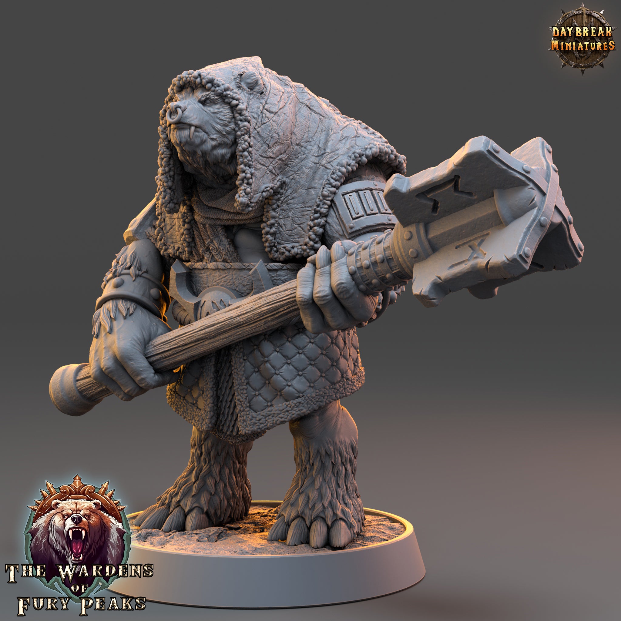 A 3D model of a bear-like creature with fur and armor, holding a large weapon and standing on a platform.