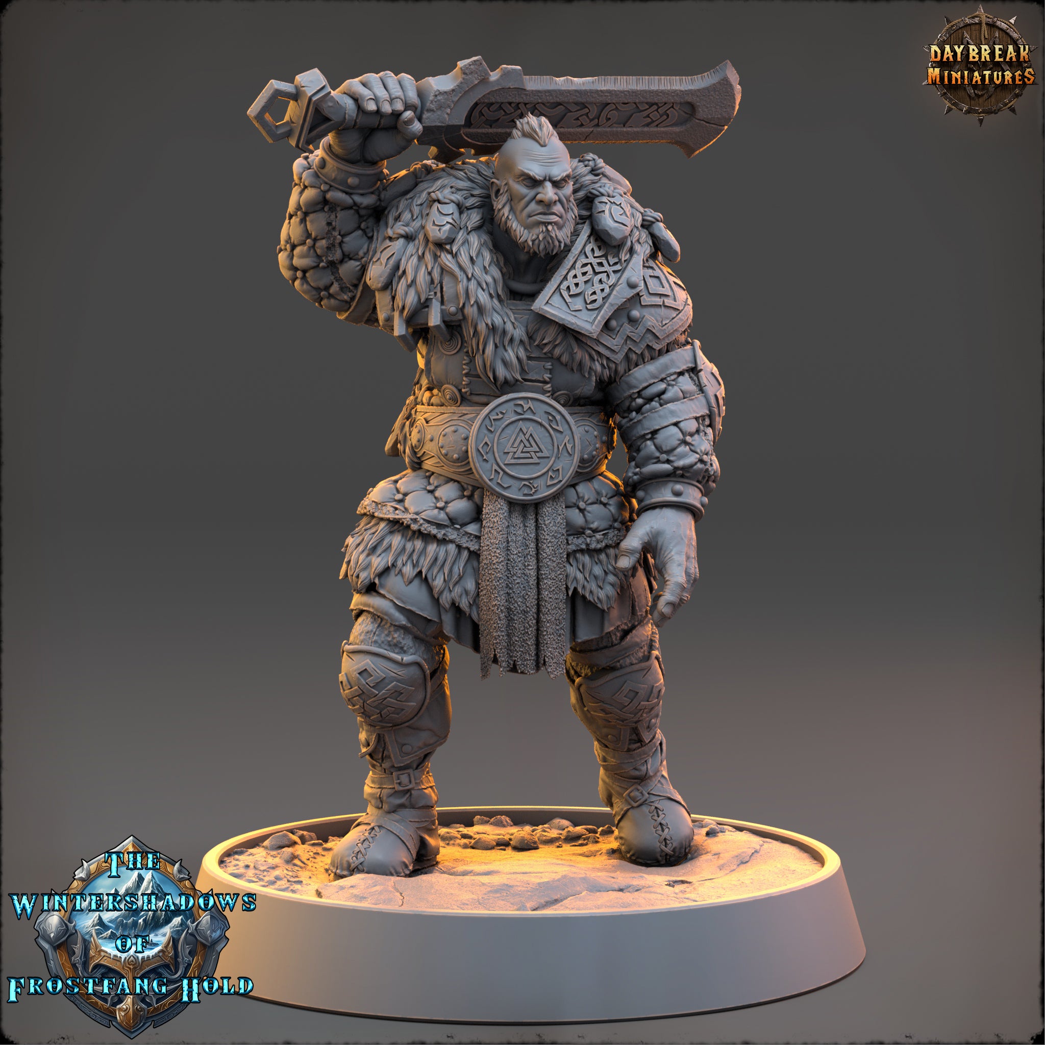 A detailed 3D model of a warrior figure, standing on a base and holding a sword in one hand and a shield in the other. The figure is wearing a fur-lined coat and has a beard, giving it a fierce and imposing appearance.