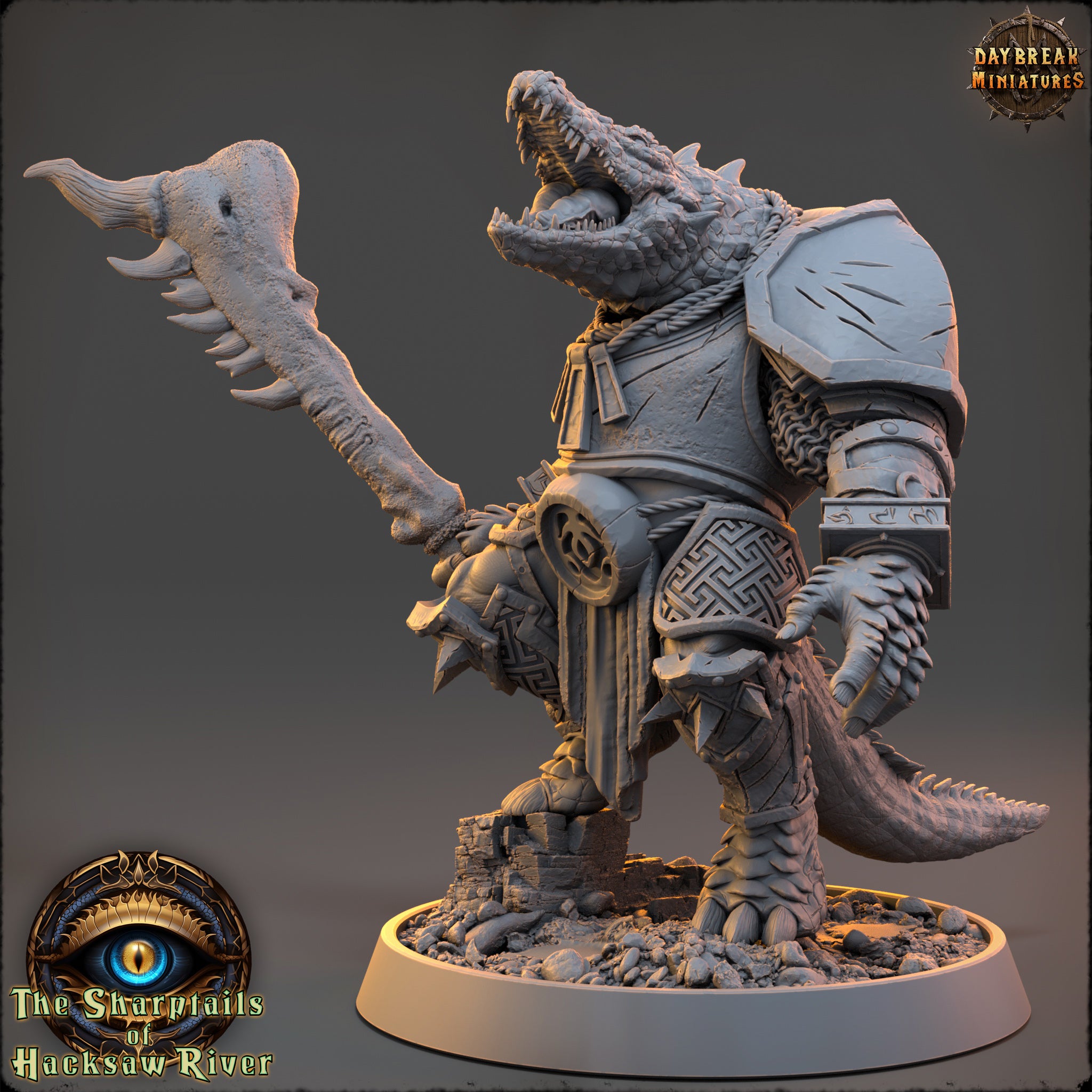 A detailed 3D model of a fierce-looking creature, possibly a mythical or fantastical animal, with sharp teeth and claws, standing on a base and holding a large weapon.