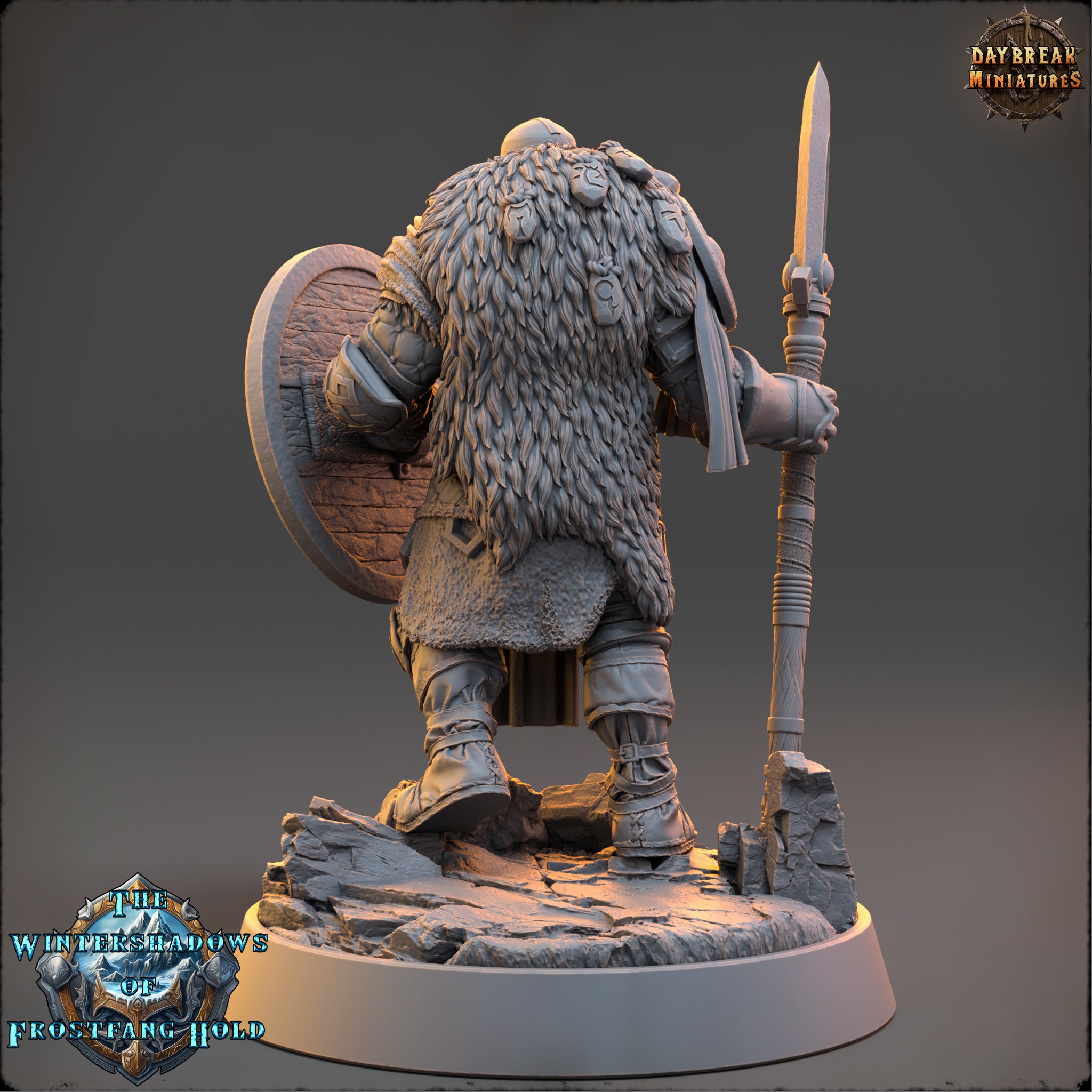 A detailed 3D model of a fantasy character, likely a dwarf or elf, standing on a rocky platform and holding a shield and a spear.