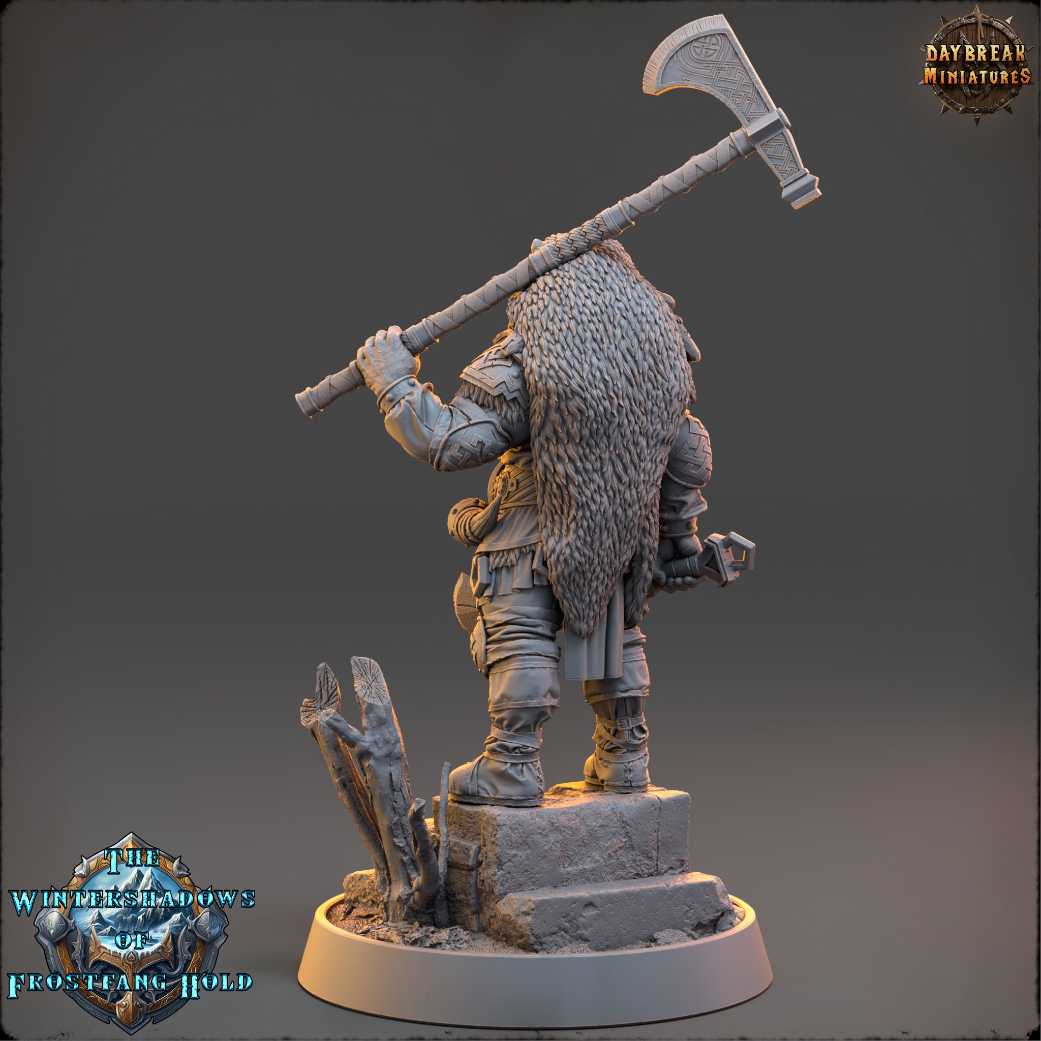 A 3D model of a fantasy character holding a large weapon, standing on a platform.