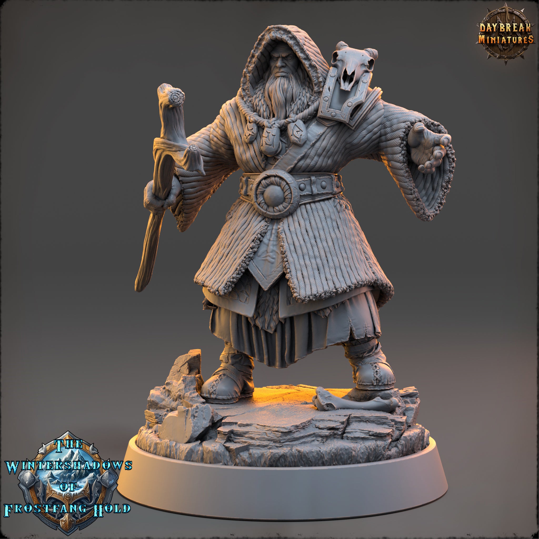 A detailed 3D model of a fantasy character, likely a wizard or magical being, standing on a rocky platform and holding a staff.