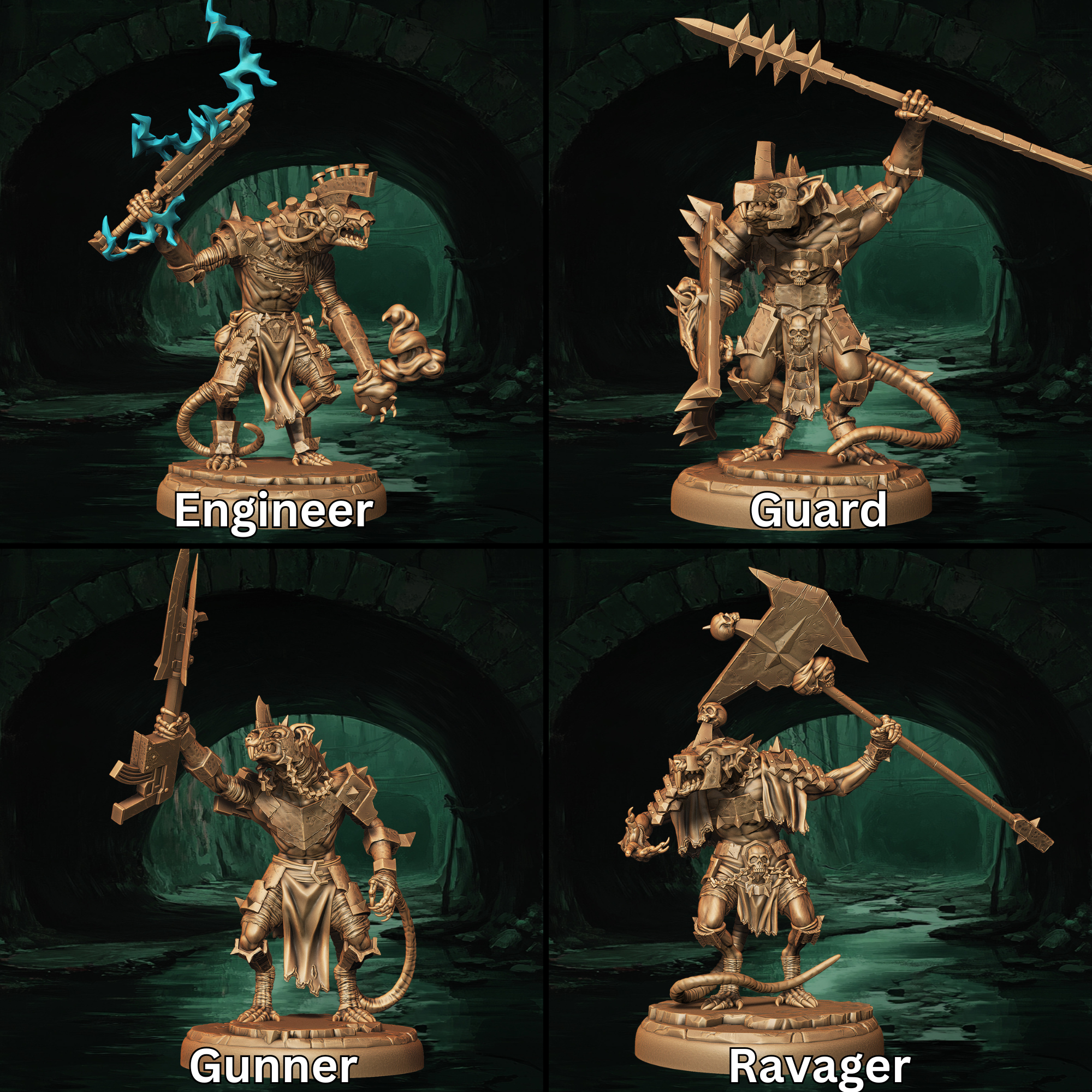 a set of four miniature figurines of different types