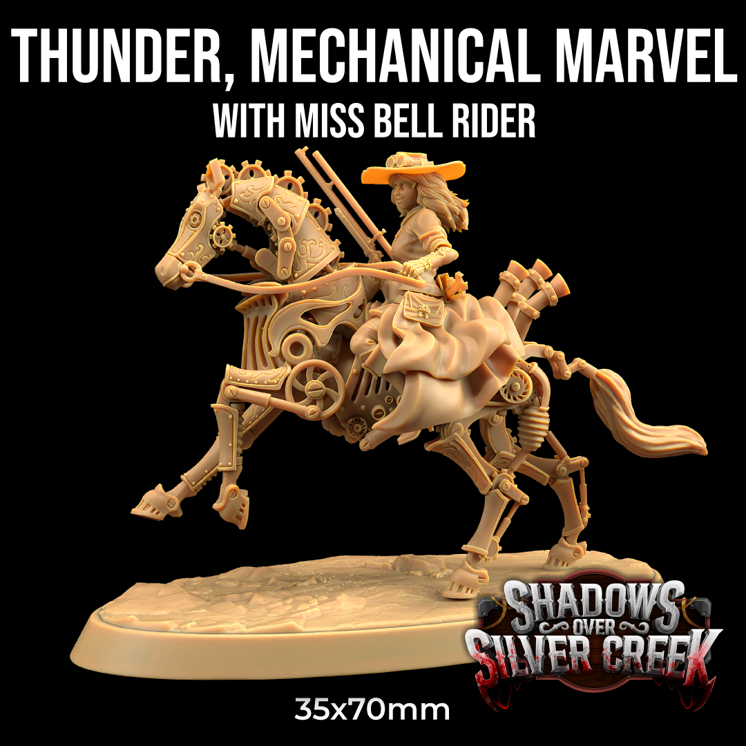 The image is a 3D rendering of a mechanical figure resembling a woman riding a mechanical horse. The figure is made of a light-colored material and has mechanical details, giving it a mechanical appearance. The image is described as a "THUNDER, MECHANICAL MARVEL" with "MISS BELL RIDER" and "SHADOW OVER SILVER CREEK" as part of the content. The image is described as having a size of 35x70mm.