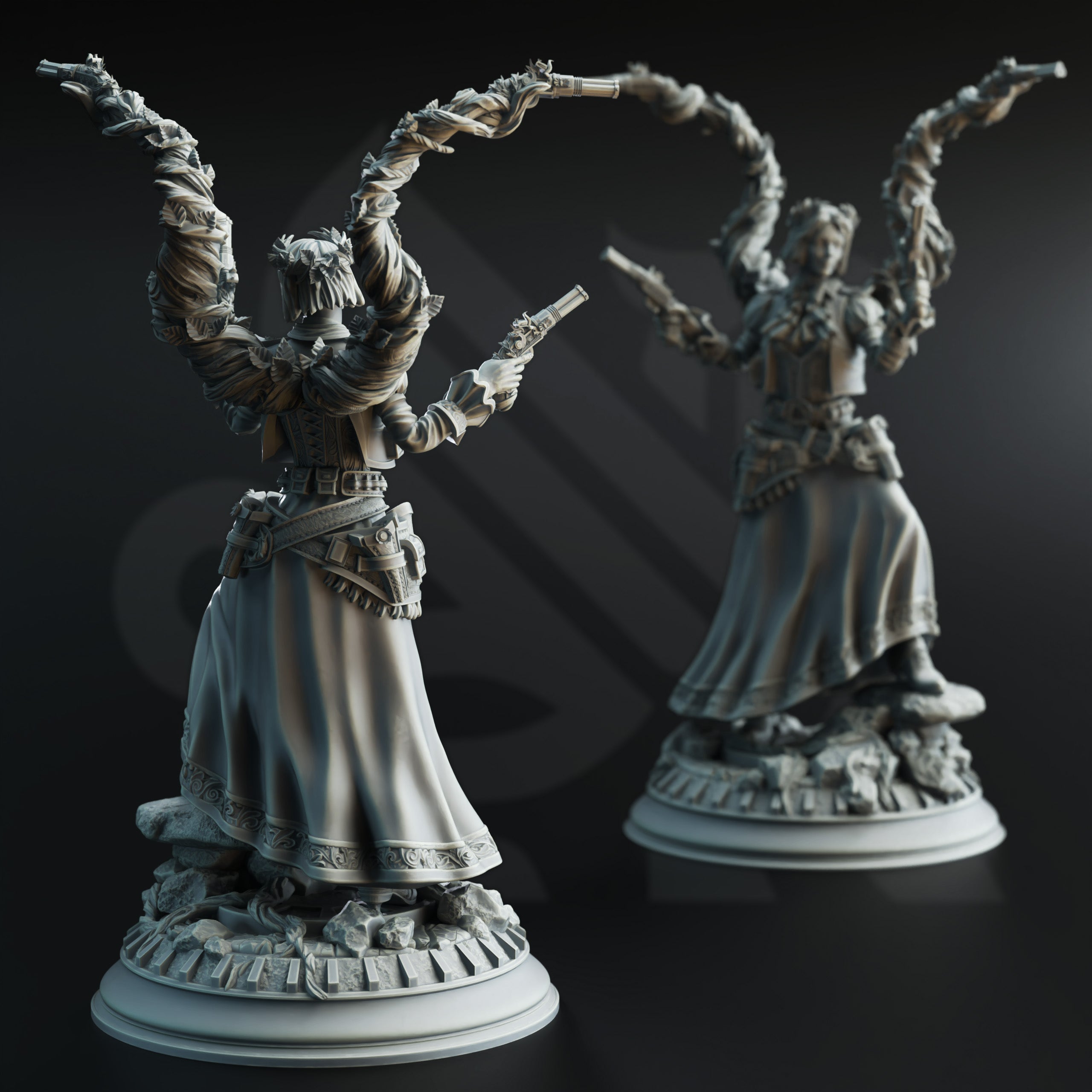 two statues of women with raised arms, each holding a gun.
