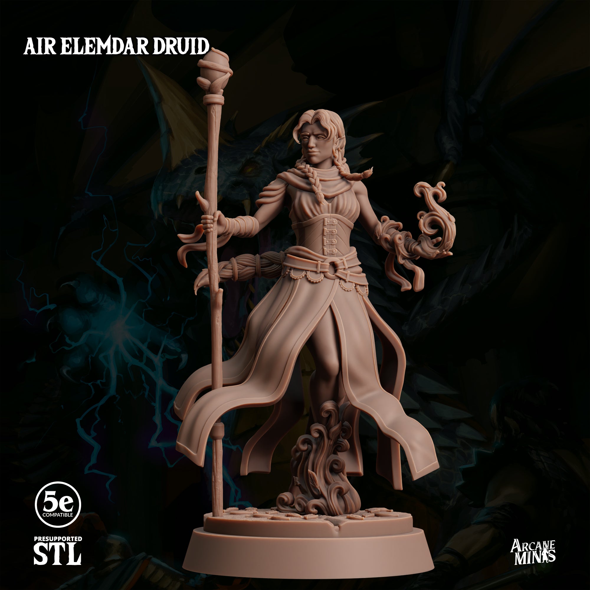 The image is a detailed 3D model of a female character, likely representing an elf or magical being, with intricate details and flowing robes.