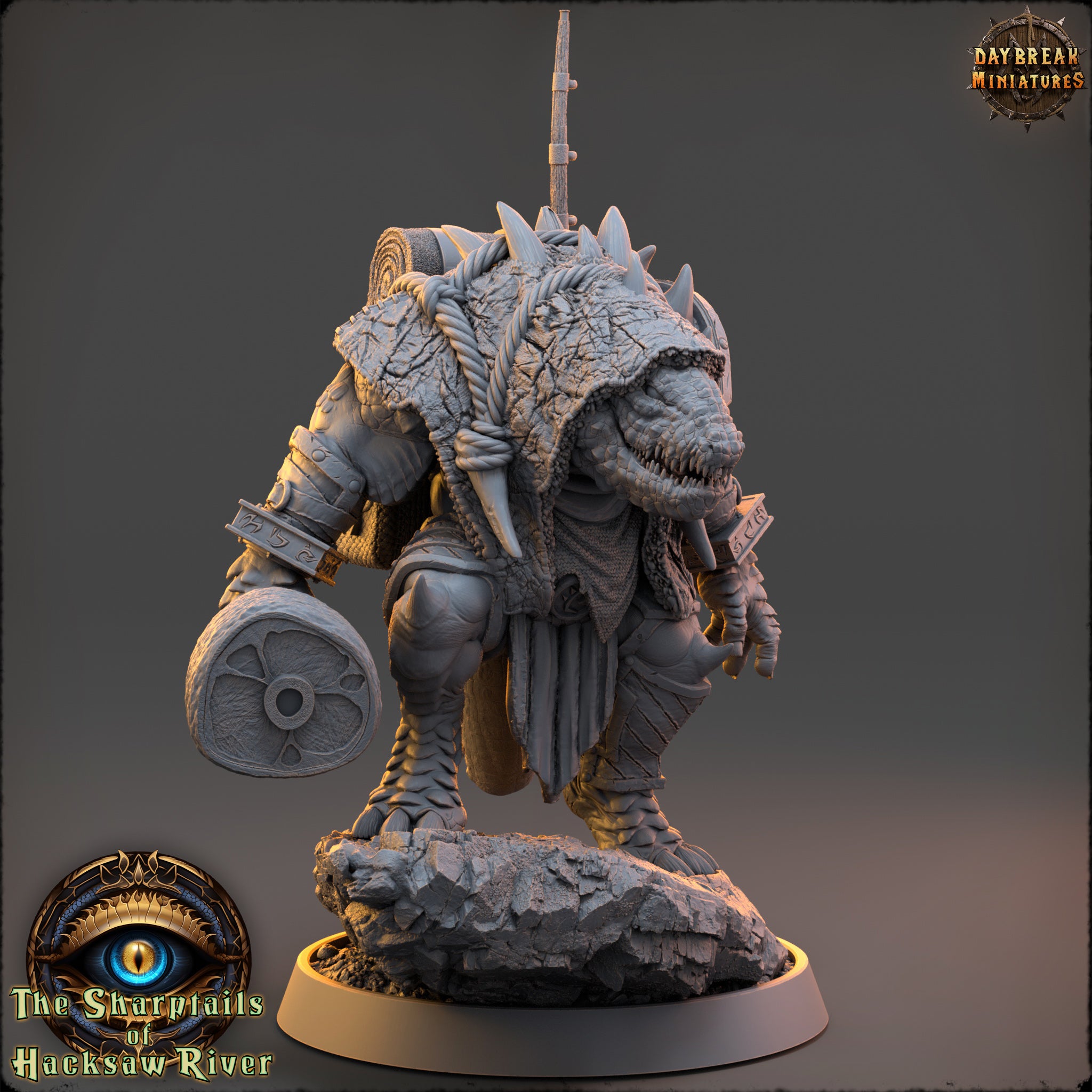 A detailed 3D model of a fantastical creature, possibly a dragon or serpent, with intricate armor and weapons, standing on a rock formation.