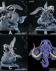 a series of four images of a monster statue