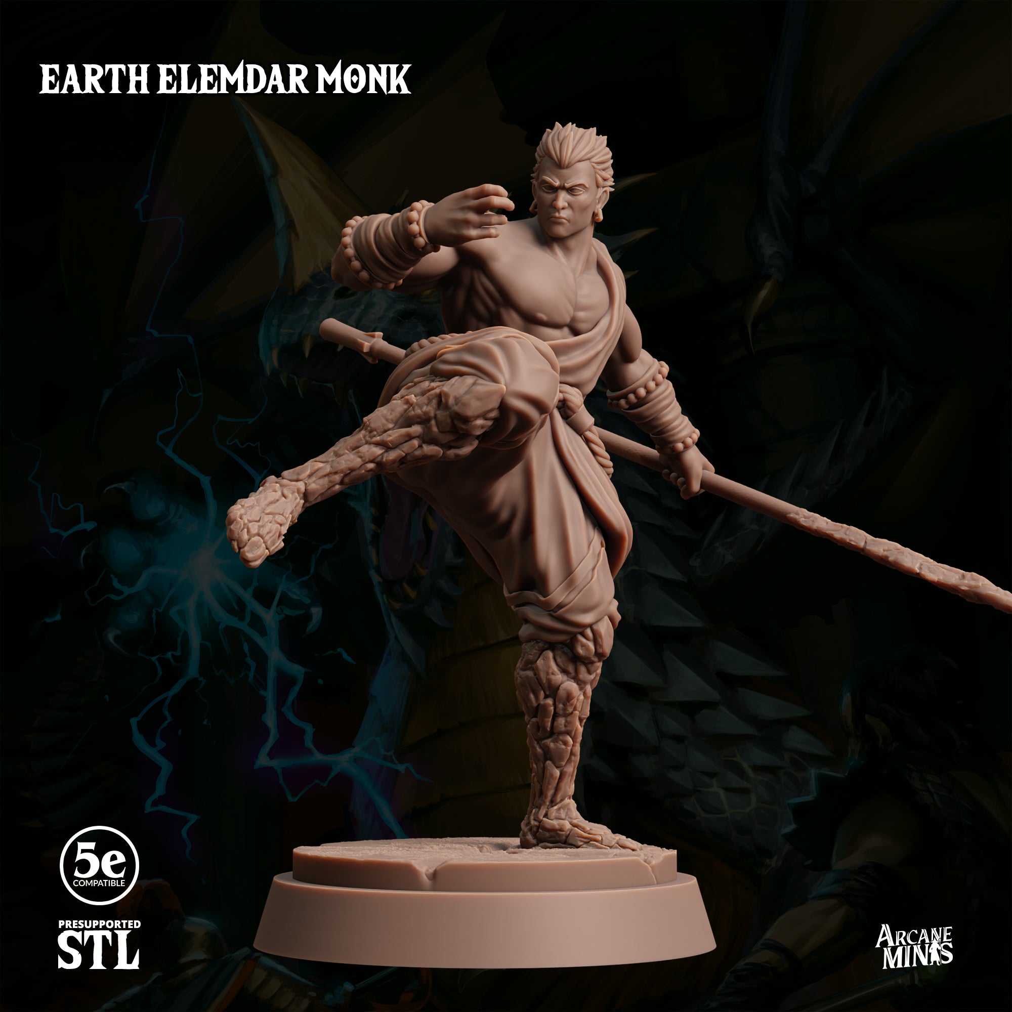 a detailed, sculpted figure of a muscular, bearded monk wielding a staff and sword, set against a dark, stormy background with lightning bolts.
