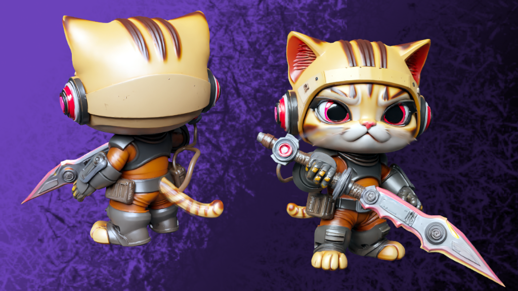 a couple of figurines of a cat and a cat with a sword