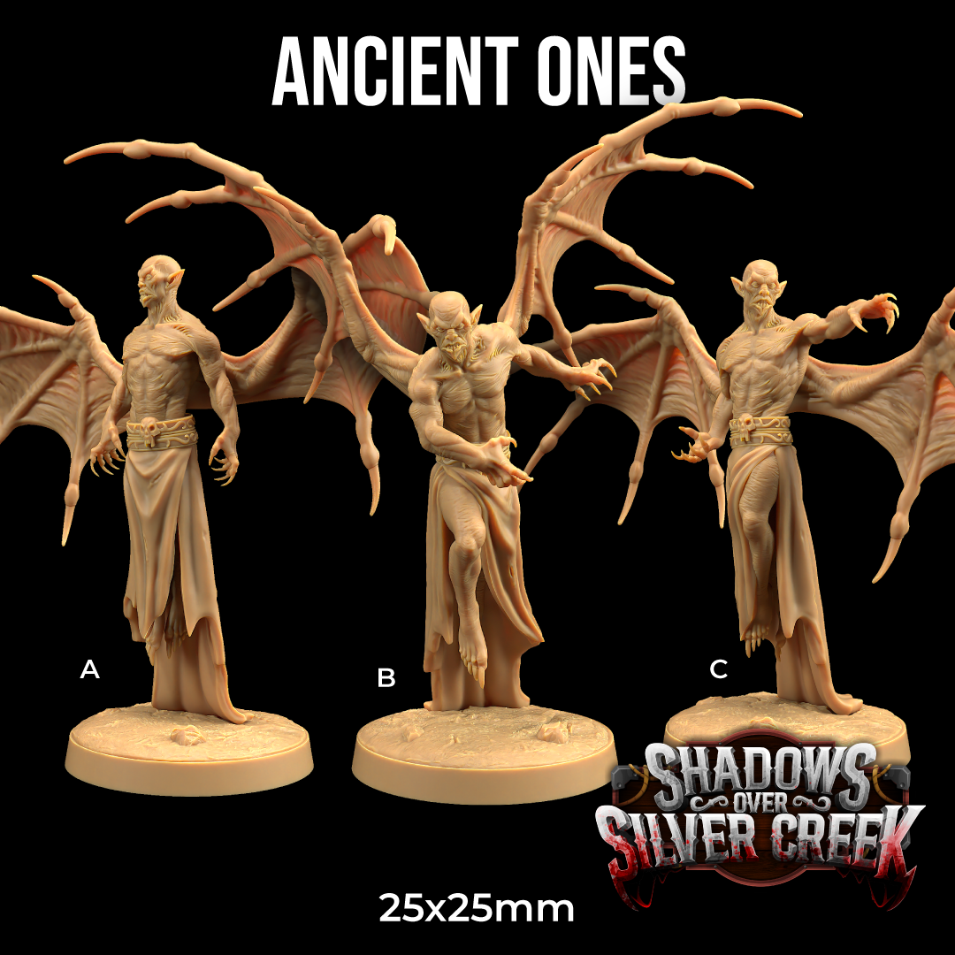 three detailed figurines of winged, bat-like creatures with claws, arranged in a row against a black background.