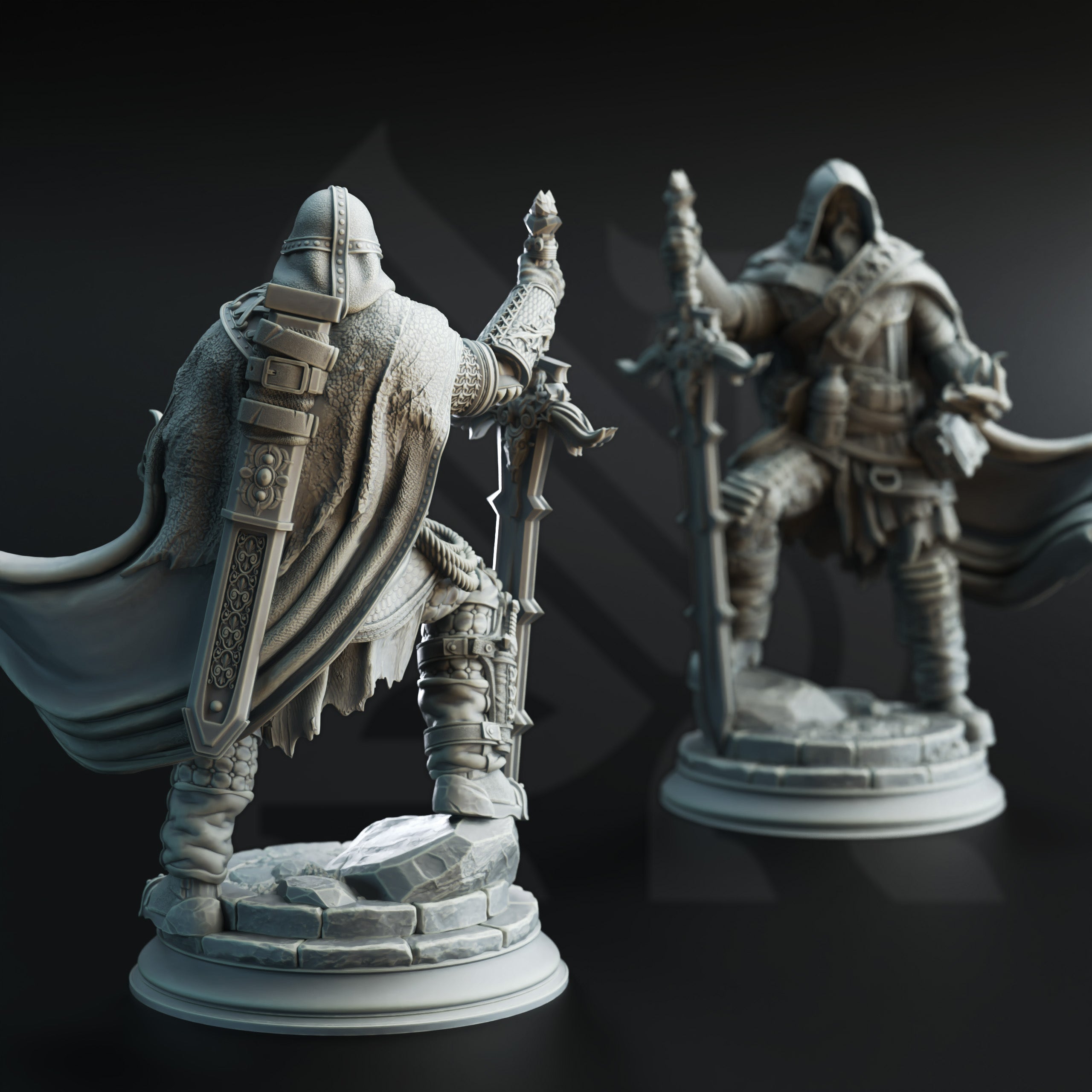 two detailed 3D models of medieval-style knights, each holding a sword and standing on a pedestal.