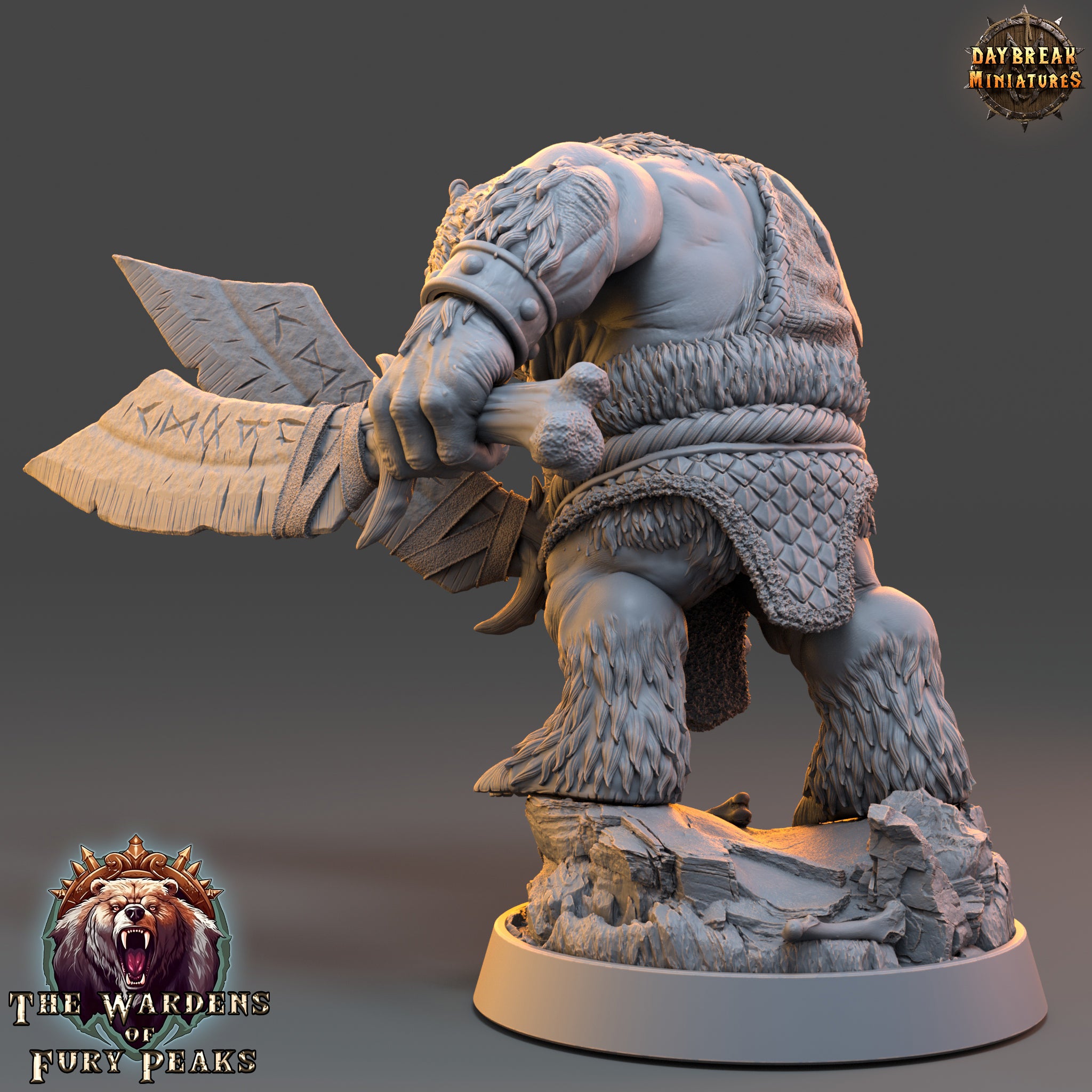 A detailed 3D model of a warrior figure, holding a large weapon, standing on a rocky base. The warrior is wearing a fur-trimmed outfit and has a fierce expression on their face.
