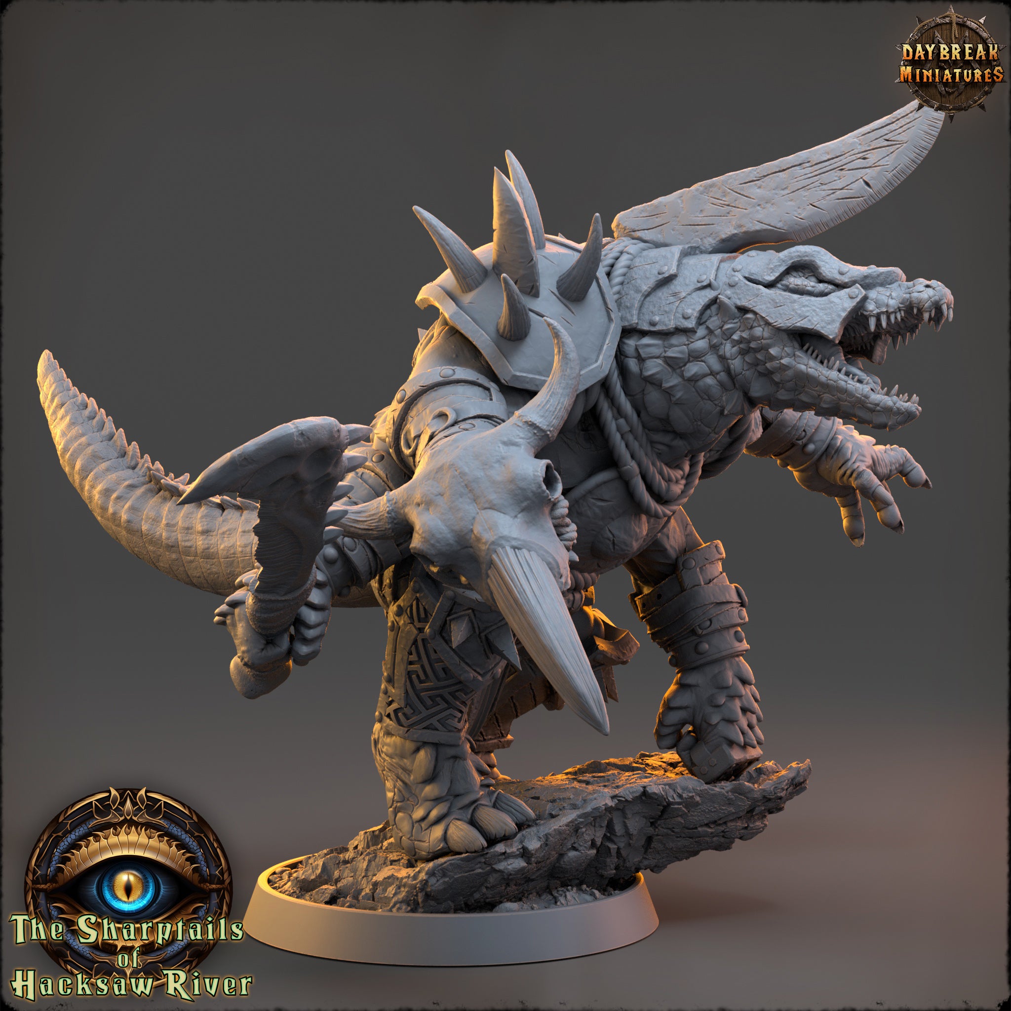 A detailed 3D model of a fantastical creature, possibly a dragon or serpent, with sharp teeth and claws, standing on a rocky surface. The creature appears to be in a fighting stance, with its head and front legs raised. The image is part of a larger collection or series, as indicated by the text "The Shrpytails of Hacksaw River" and "Daybreak Miniatures".