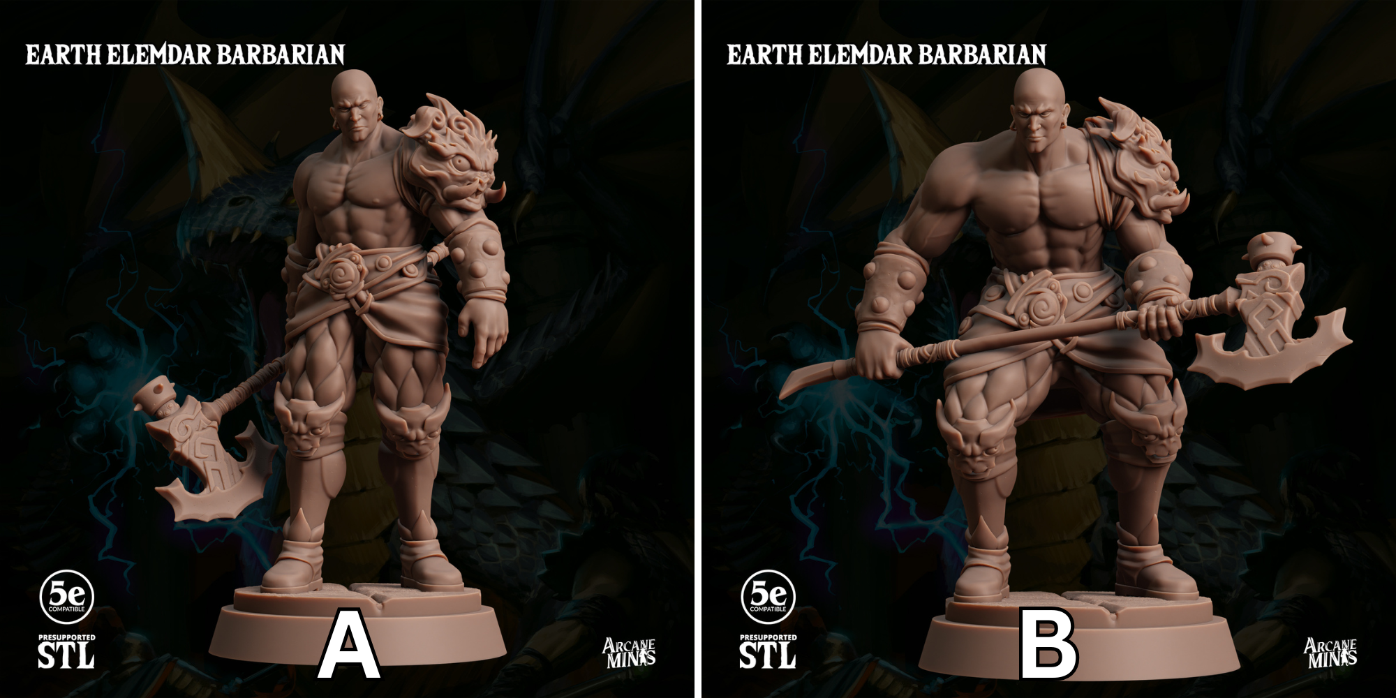 two detailed figurines of Earth ELEMAR BARBARIAN characters, each with distinct poses and weapons. The figurines are set against a dark background with lightning bolts, creating a dramatic and intense atmosphere. The figurines are labeled with the letters 'A' and 'B', indicating their respective positions in the image.