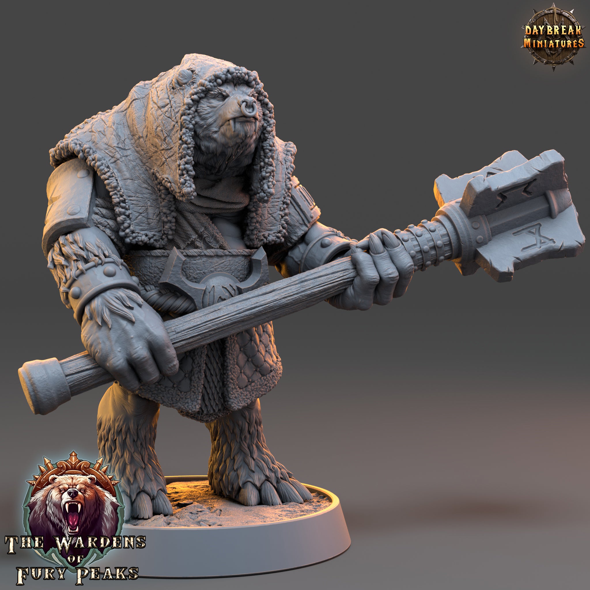 A 3D model of a bear-like creature holding a large weapon, likely a mace or club, in a fighting stance. The creature is wearing a fur-lined hood and has a fierce expression on its face. The image appears to be a 3D rendering of a fantasy character from a video game or other media.
