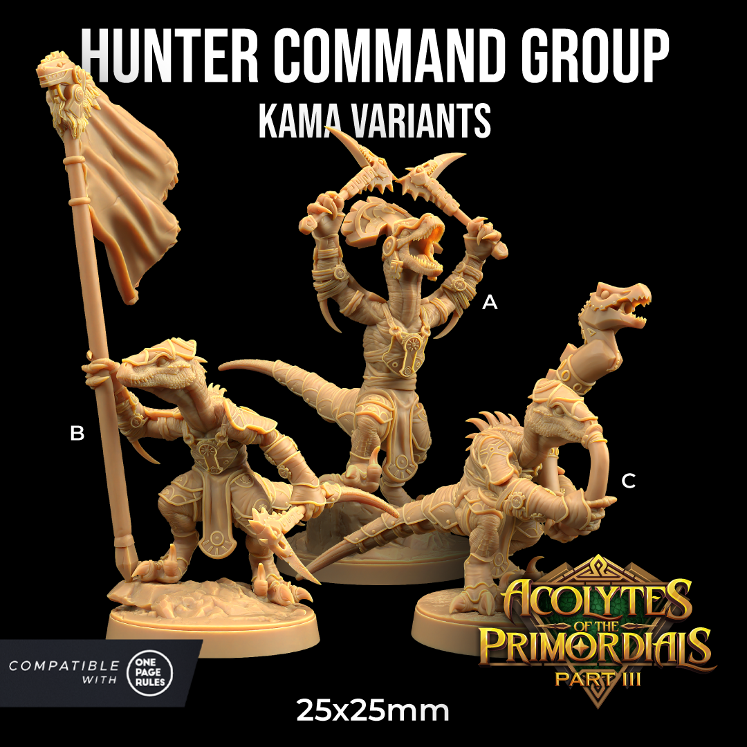 The image is an advertisement for a set of figurines called the Hunter Command Group, which are part of the Kama Variants collection from the video game Acolytes of the Primordials, Part III. The figurines are depicted in various poses, showcasing their unique characteristics and abilities.