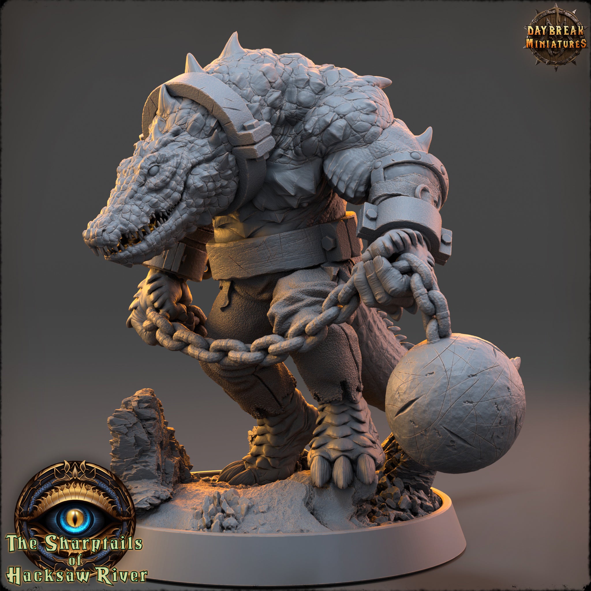 A detailed 3D model of a fierce-looking creature, possibly a mythical or fantastical animal, with sharp teeth and claws, standing on a rocky base and holding a large ball in its hands.