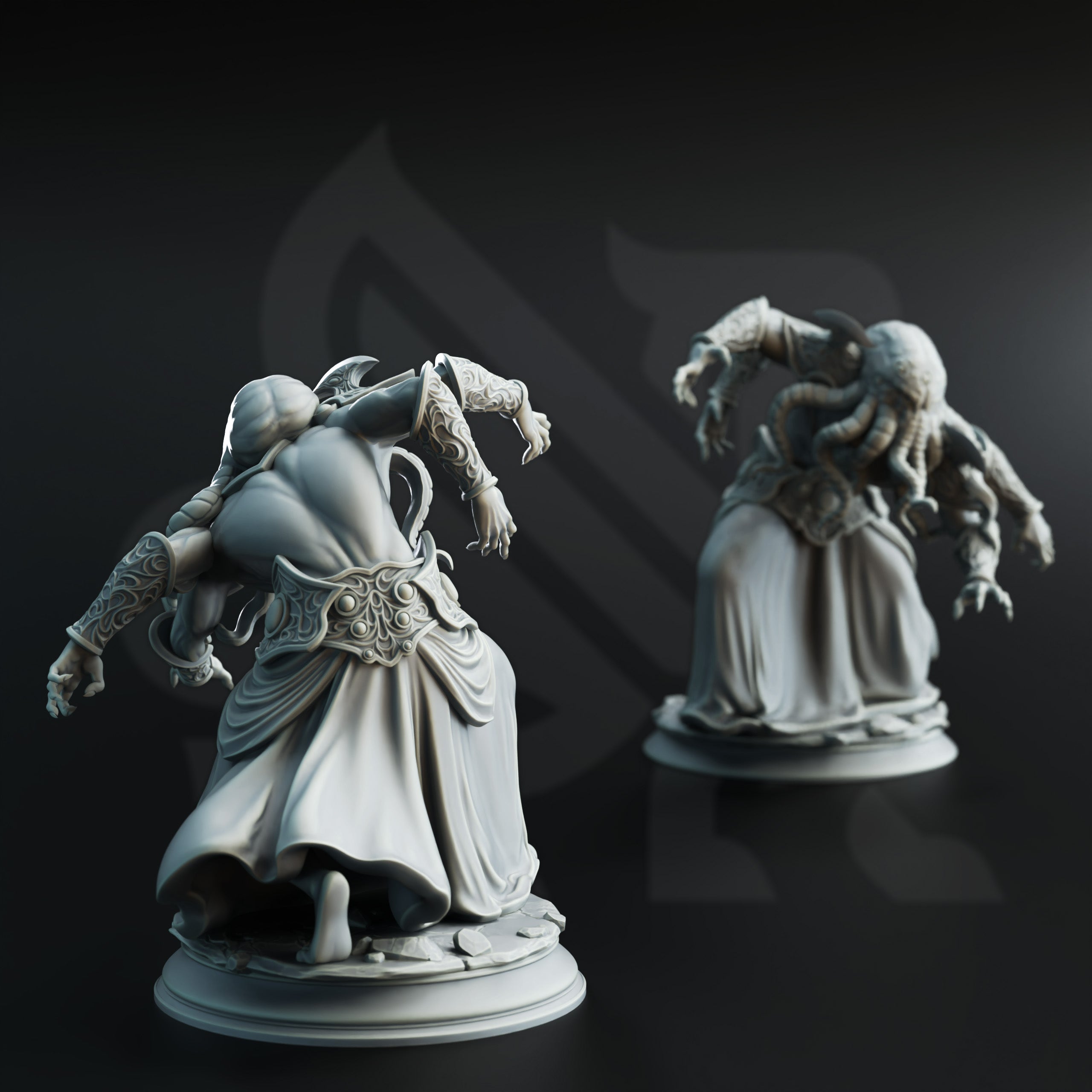 two detailed sculptures of fantastical creatures, likely mythical or magical, set against a dark background.