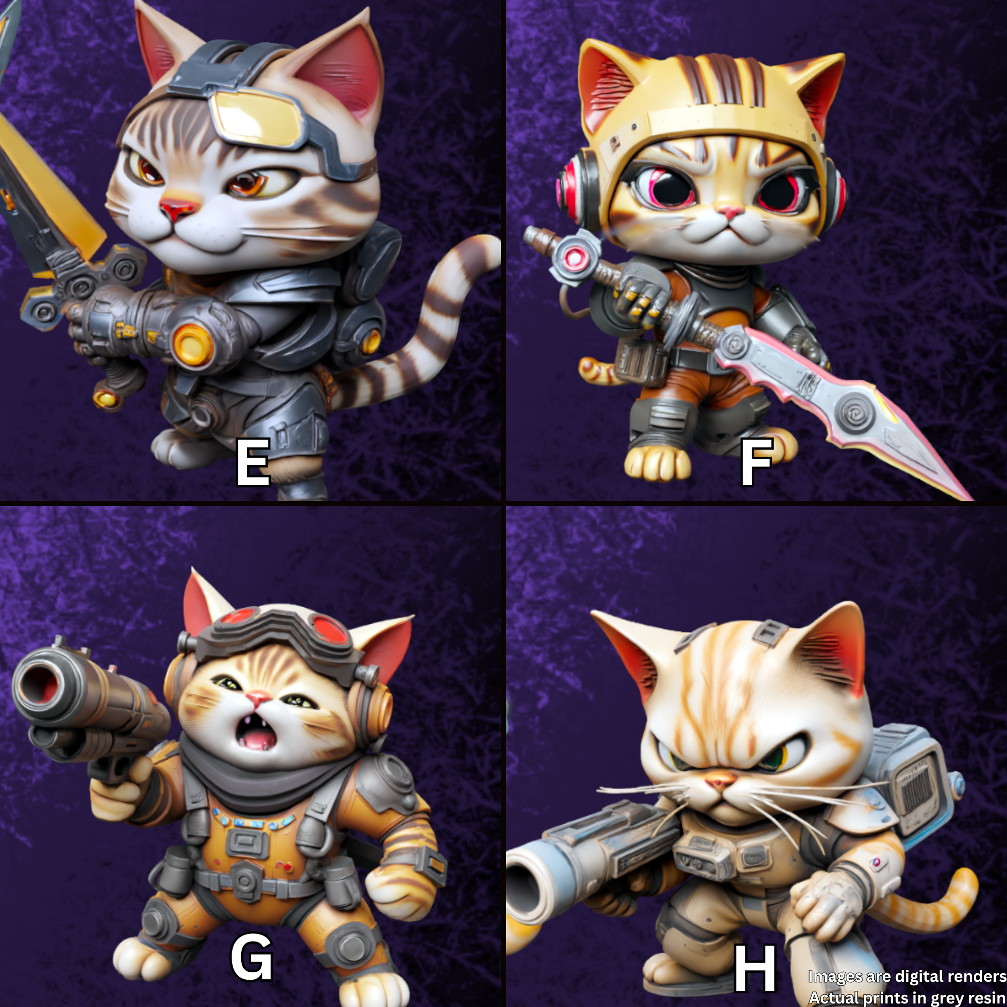 four different pictures of a cat with guns