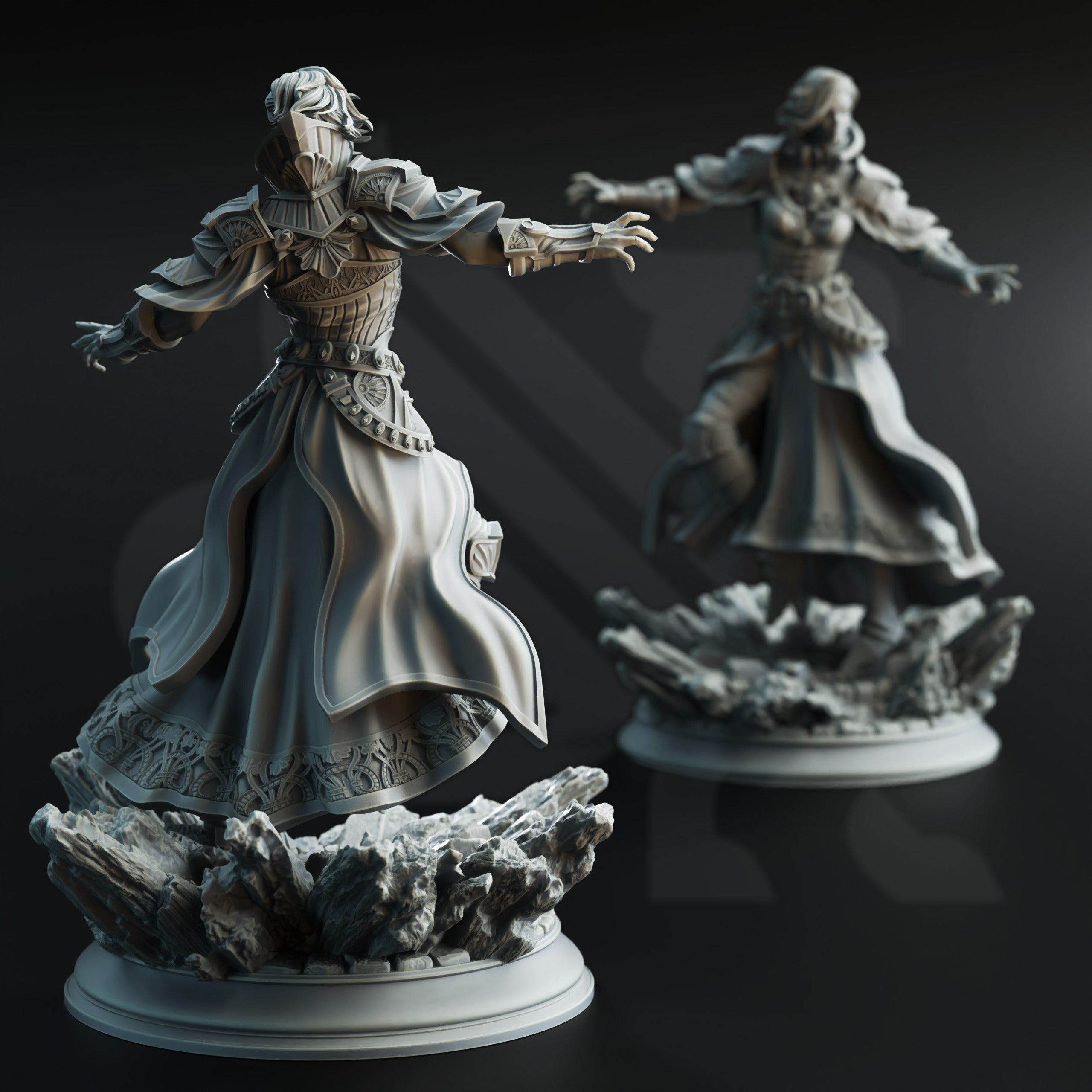 two detailed 3D models of female characters, each with intricate armor and flowing robes, set against a dark background.
