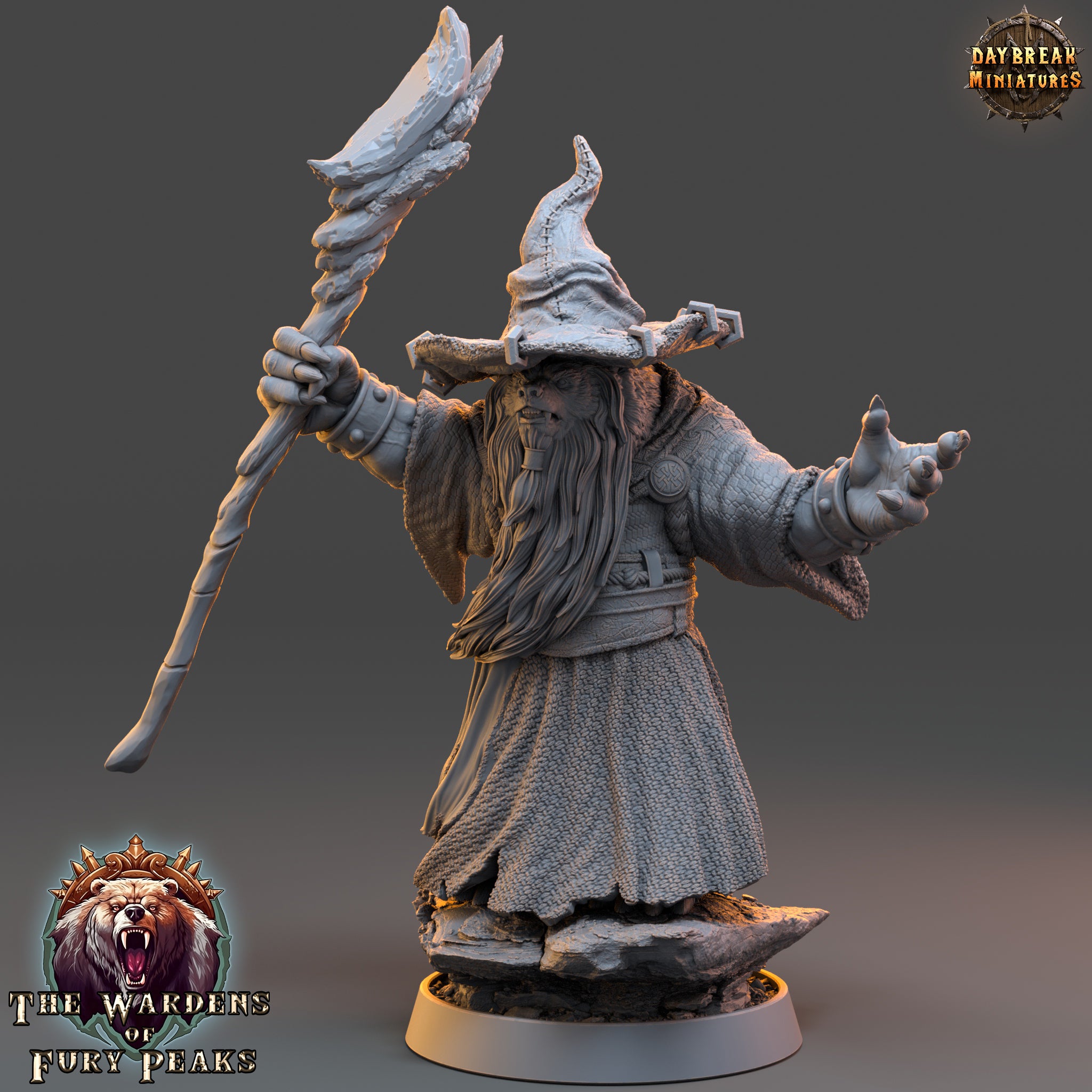 A 3D model of a wizard or magical figure, holding a staff and wearing a long robe, standing on a rock. The image is from the video game "The Warriors of Fear".