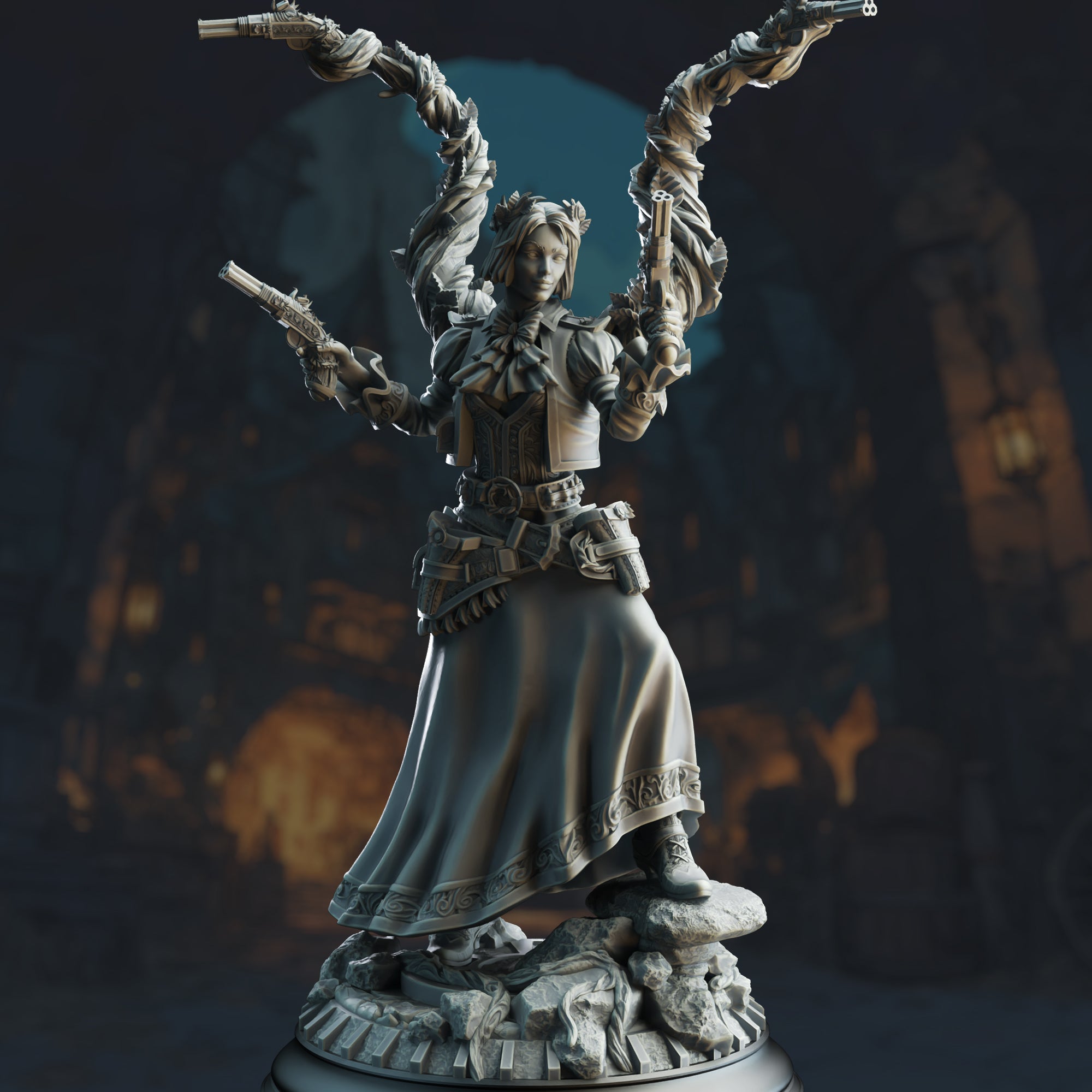 A detailed 3D rendering of a female character with multiple arms, wearing a long skirt and holding various weapons, standing in a dark, cave-like setting.