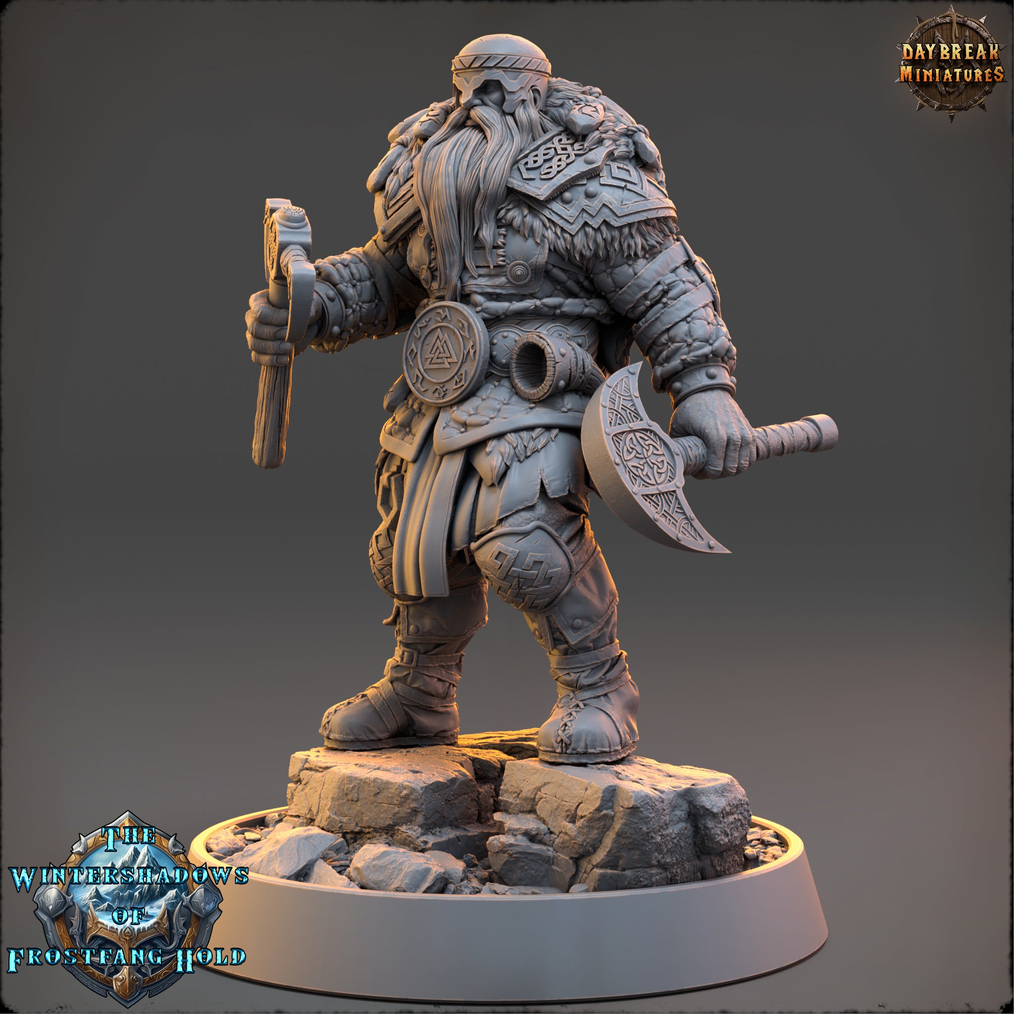 A detailed 3D model of a fantasy character, likely a dwarf or gnome, standing on a rocky base and holding various weapons. The character is wearing ornate armor and clothing, and has a beard and long hair. The image is described as a collage of multiple images, so it is not possible to provide a detailed description of each individual image.