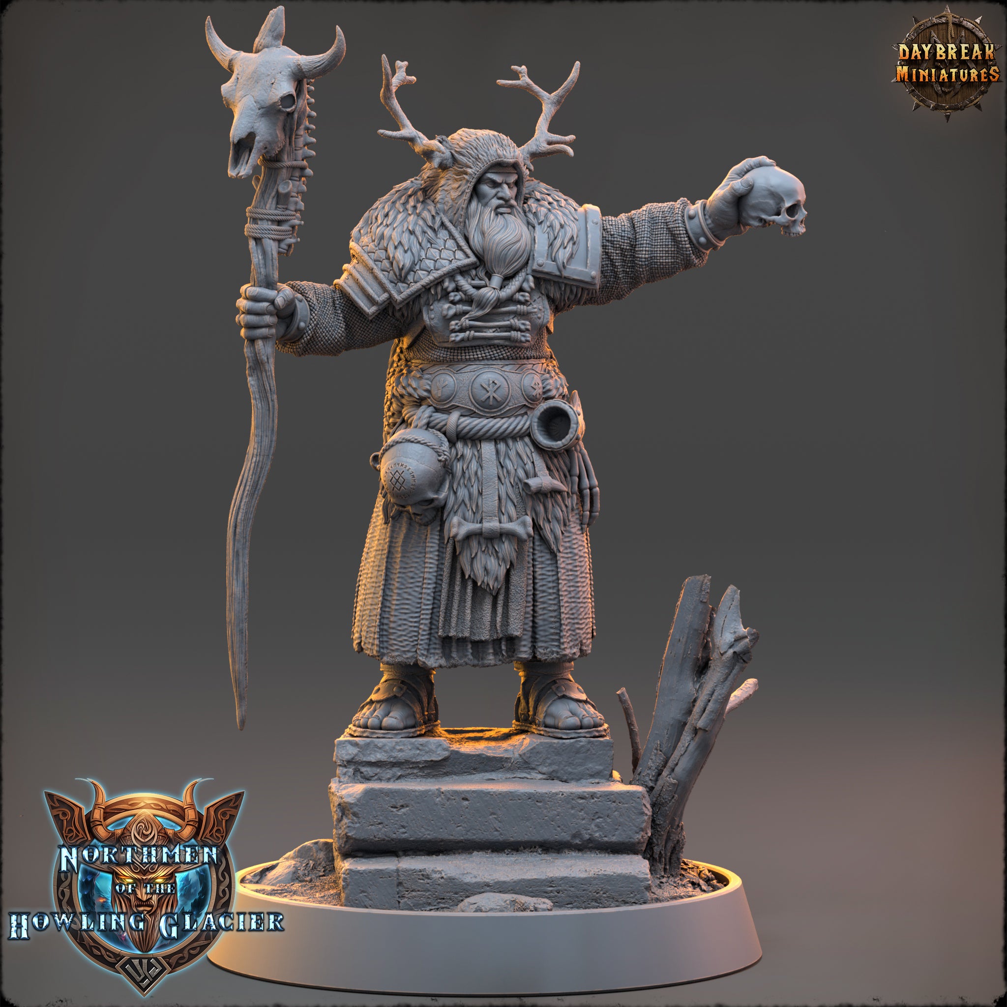 A detailed 3D model of a fantasy character, likely a deity or magical being, standing on a pedestal and holding a staff with a skull and crossbones symbol on it. The character is wearing a long robe and has antlers on their head.