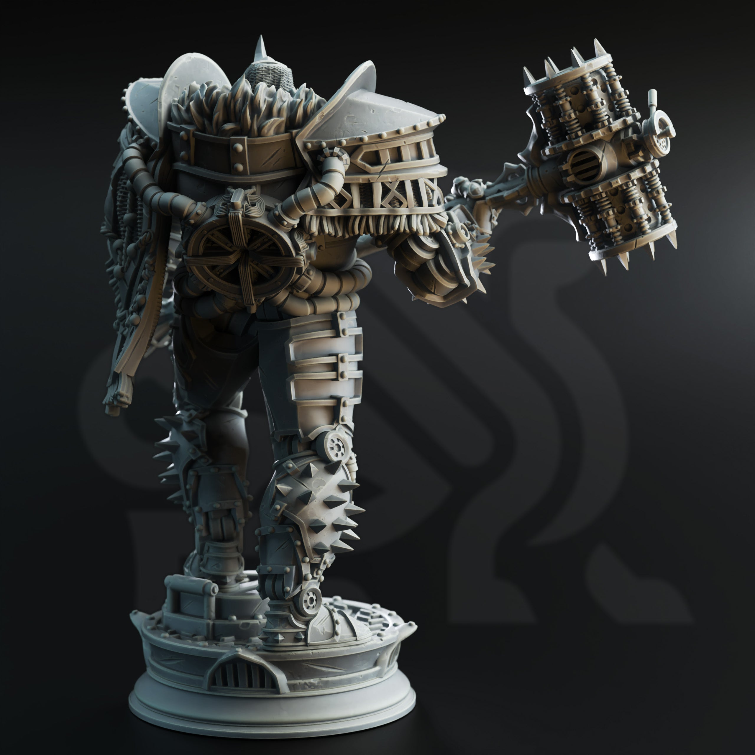 A detailed 3D rendering of a heavily armored and armed mechanical figure, likely a character from a fantasy or science fiction setting. The figure is equipped with various weapons and tools, and is shown in a dynamic pose, ready for action.