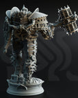 A detailed 3D rendering of a heavily armored and armed mechanical figure, likely a character from a fantasy or science fiction setting. The figure is equipped with various weapons and tools, and is shown in a dynamic pose, ready for action.