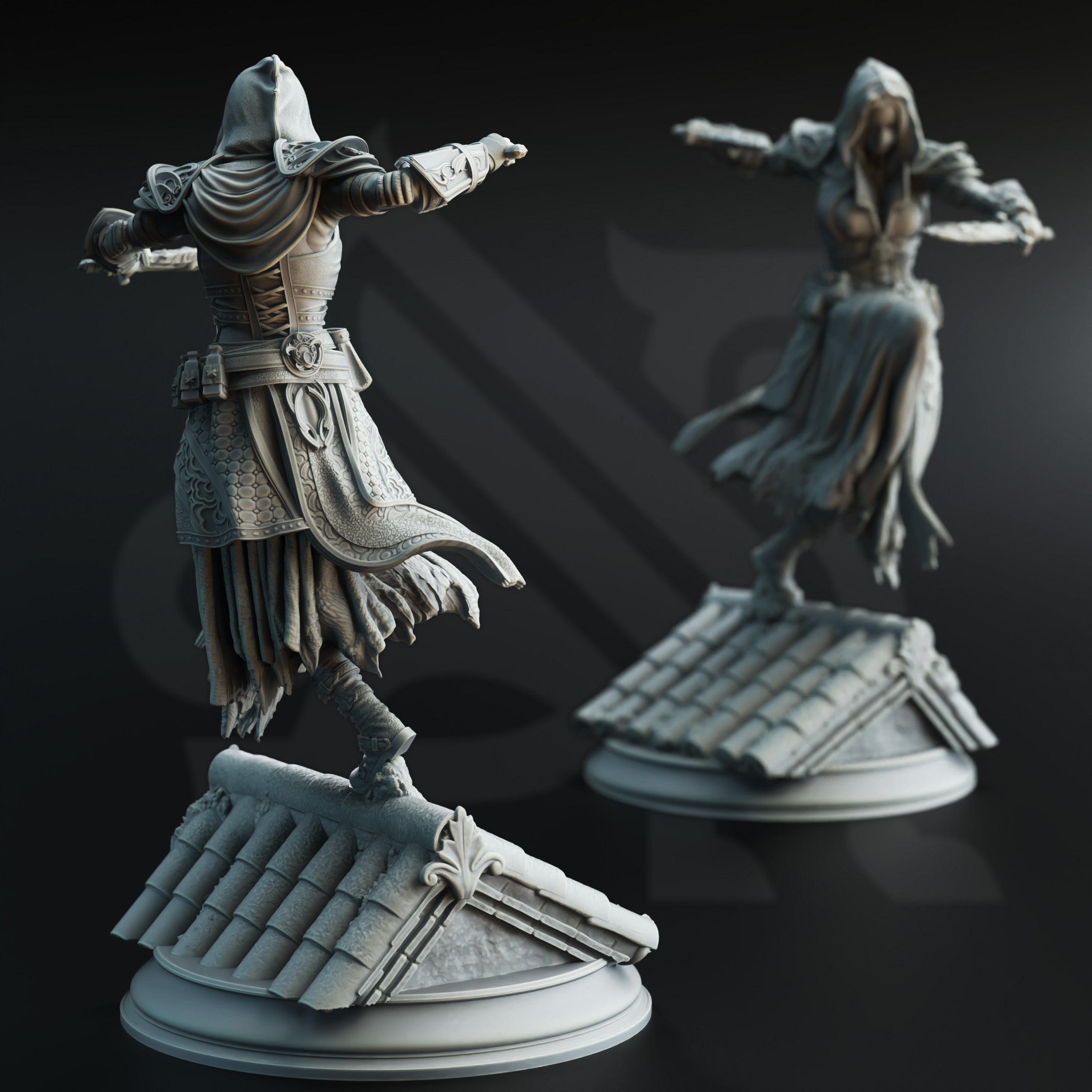 two statues of a person in a flowing robe, standing on a platform with a tiled roof.