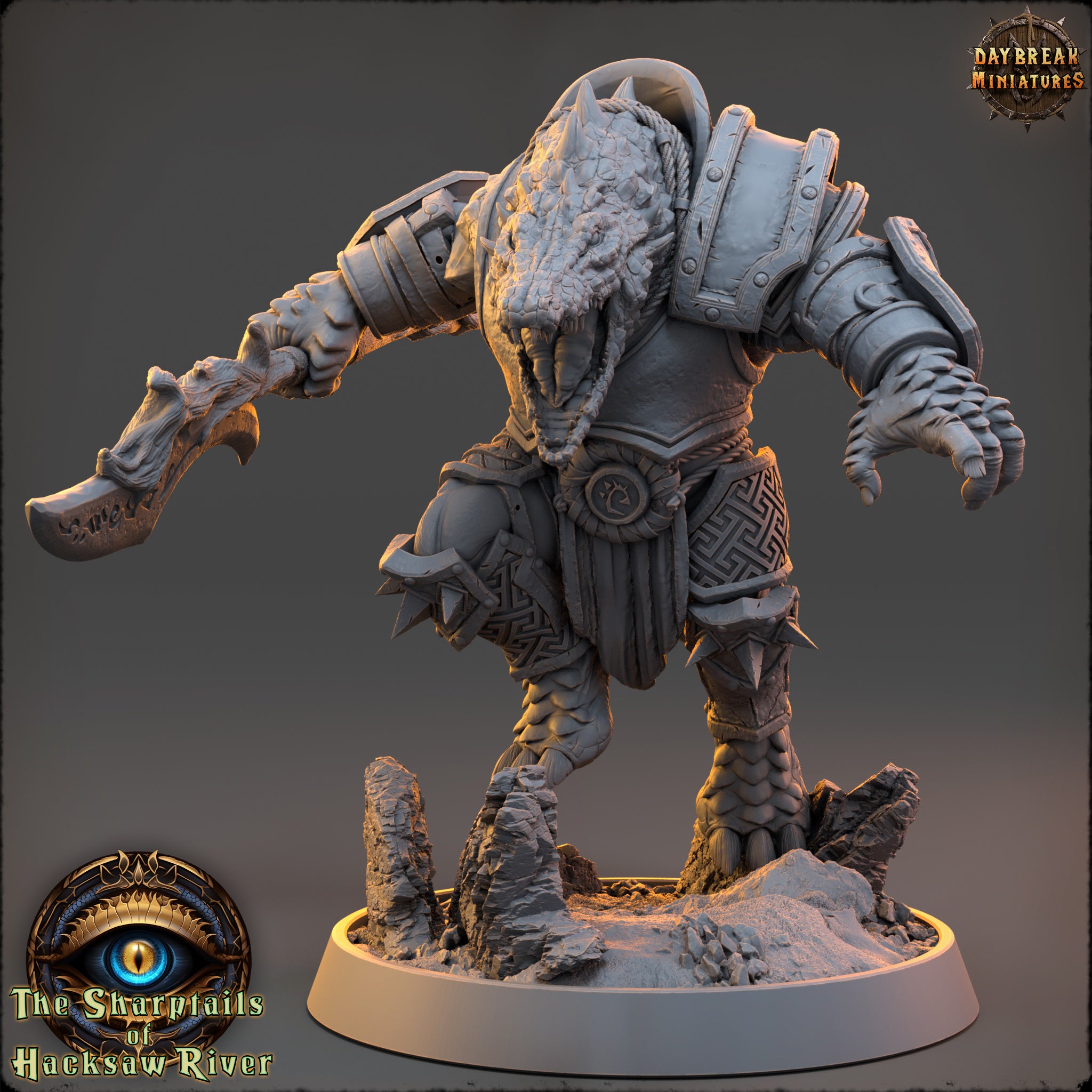 A detailed 3D model of a fierce-looking creature with sharp teeth and claws, standing on a rocky base and holding a weapon. The creature appears to be a mythical or fantastical being, possibly a dragon or serpent.