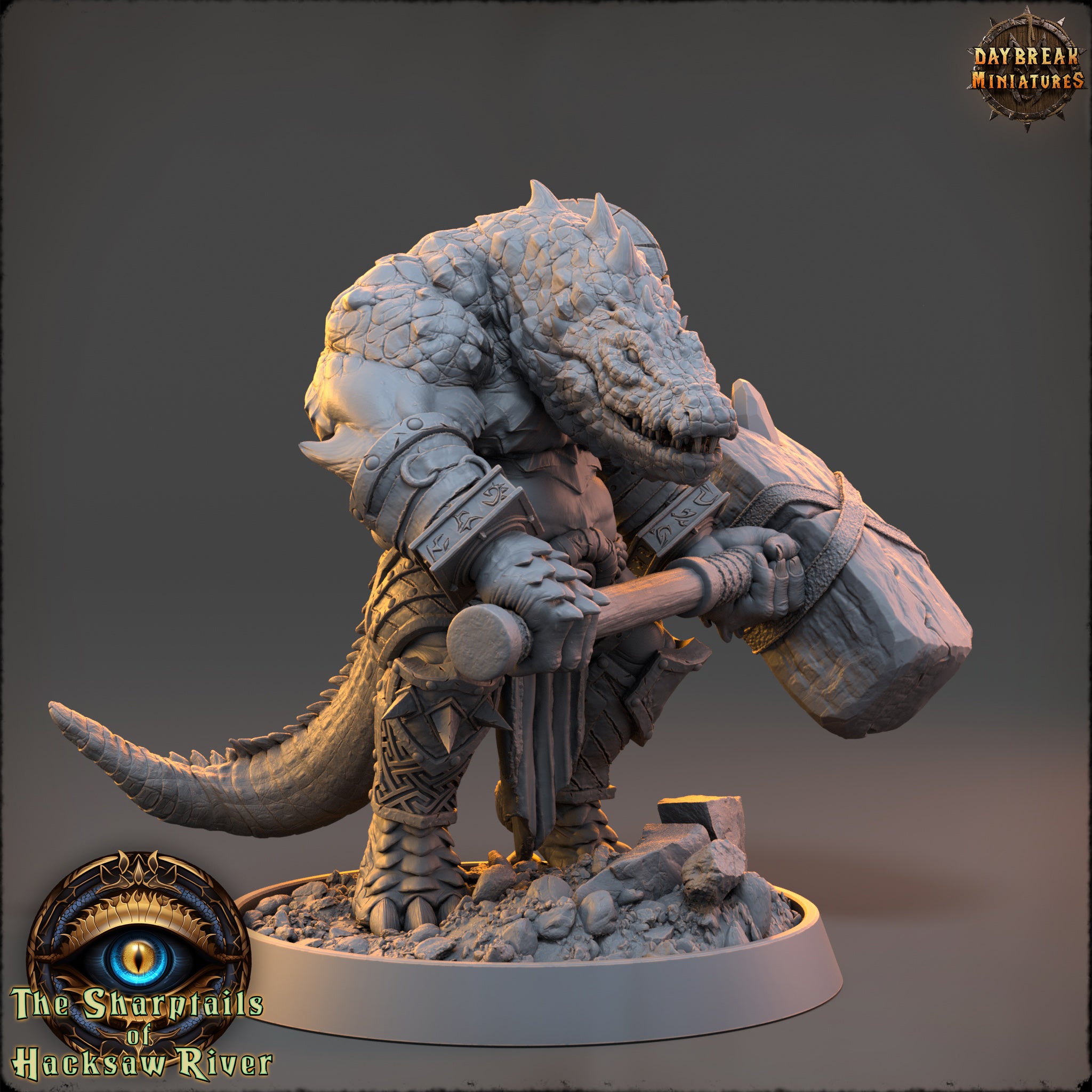A detailed 3D model of a fierce-looking creature, possibly a mythical or fantastical animal, standing on a base and holding a large weapon.