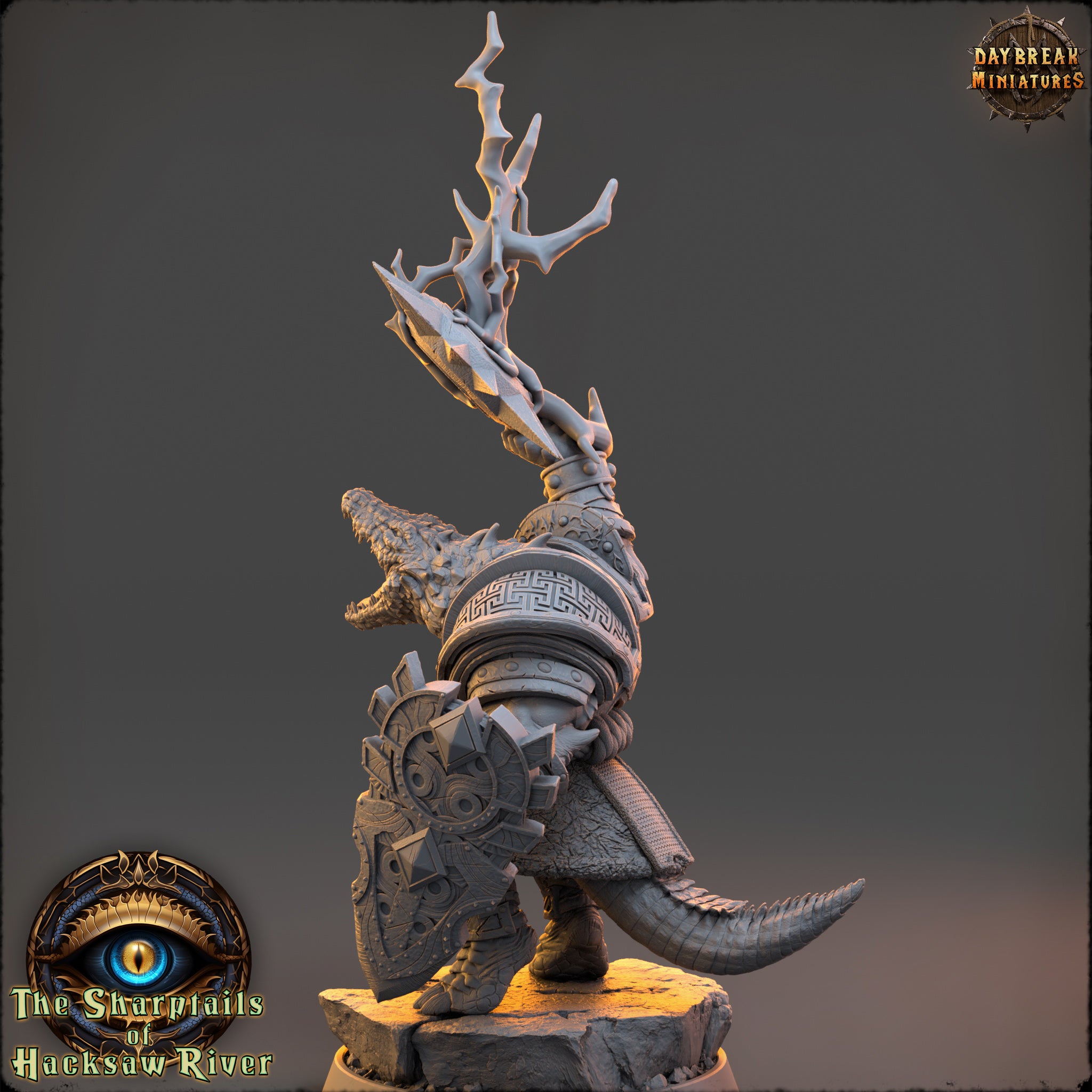 A detailed 3D model of a fantasy creature, possibly a dragon or serpent, with intricate armor and weapons. The creature is standing on a rock formation, and the background is dark, creating a dramatic and immersive atmosphere.