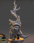 A detailed 3D model of a fantasy creature, possibly a dragon or serpent, with intricate armor and weapons. The creature is standing on a rock formation, and the background is dark, creating a dramatic and immersive atmosphere.