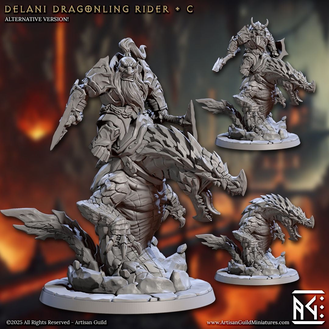Delani Dragonlings with Riders - Magmaforged Dwarves of the Depths - 3d Printed Miniature sculpted by Artisan Guild