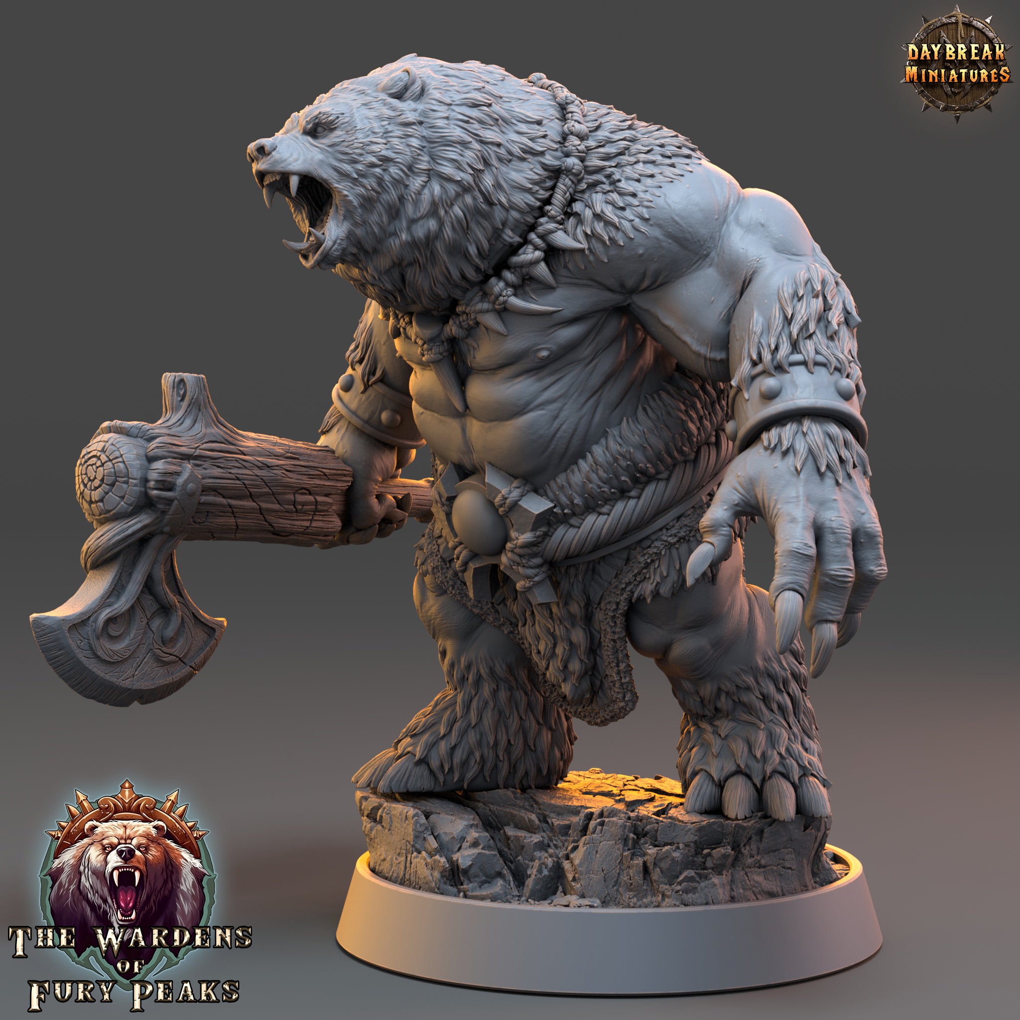 A 3D rendering of a fierce-looking bear figurine, with a large claw-like weapon in its hand. The bear appears to be a warrior or warrior-like creature, and the image is described as a "daybreak miniatures" from the video game "The Wardens of Fear".