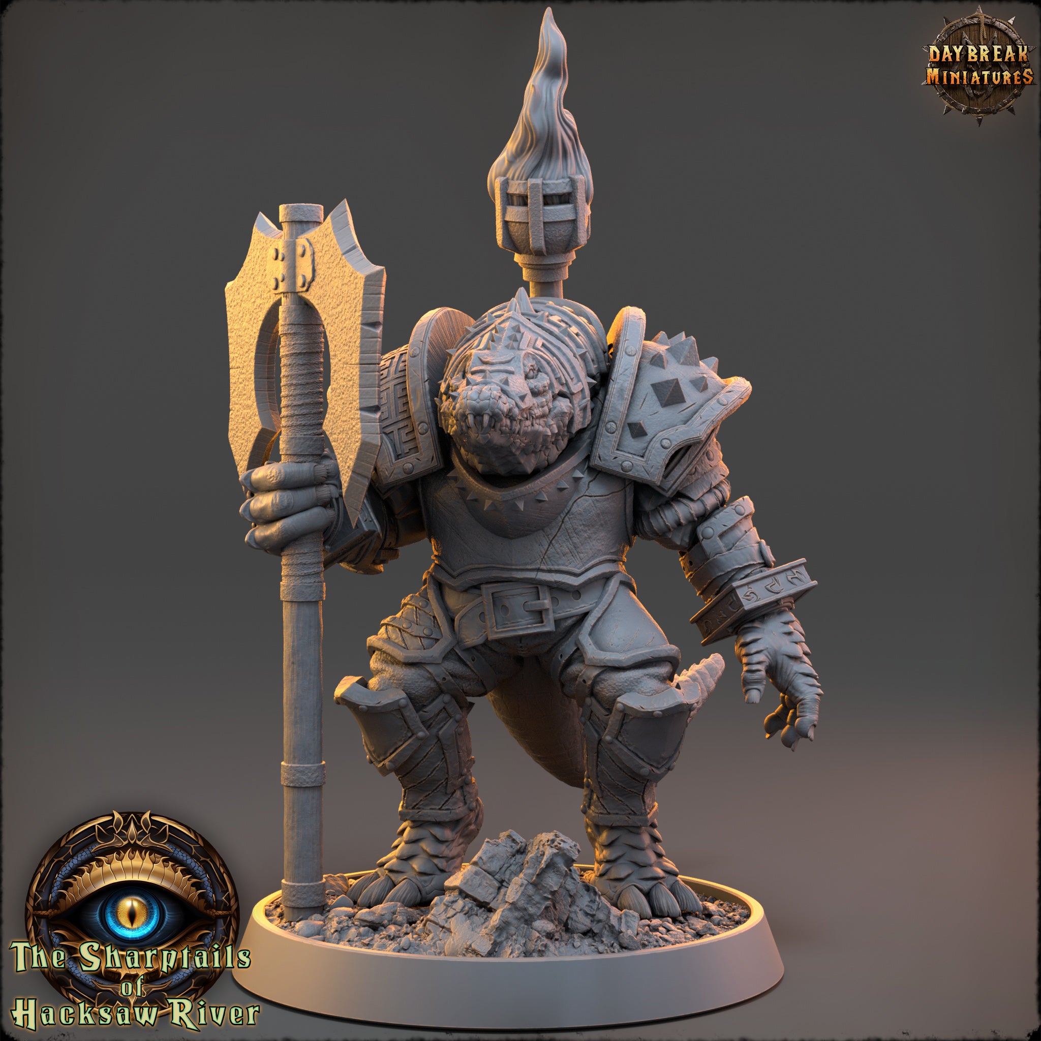 A detailed 3D model of a warrior figure, likely from a fantasy or science fiction game, standing on a base and holding a weapon.