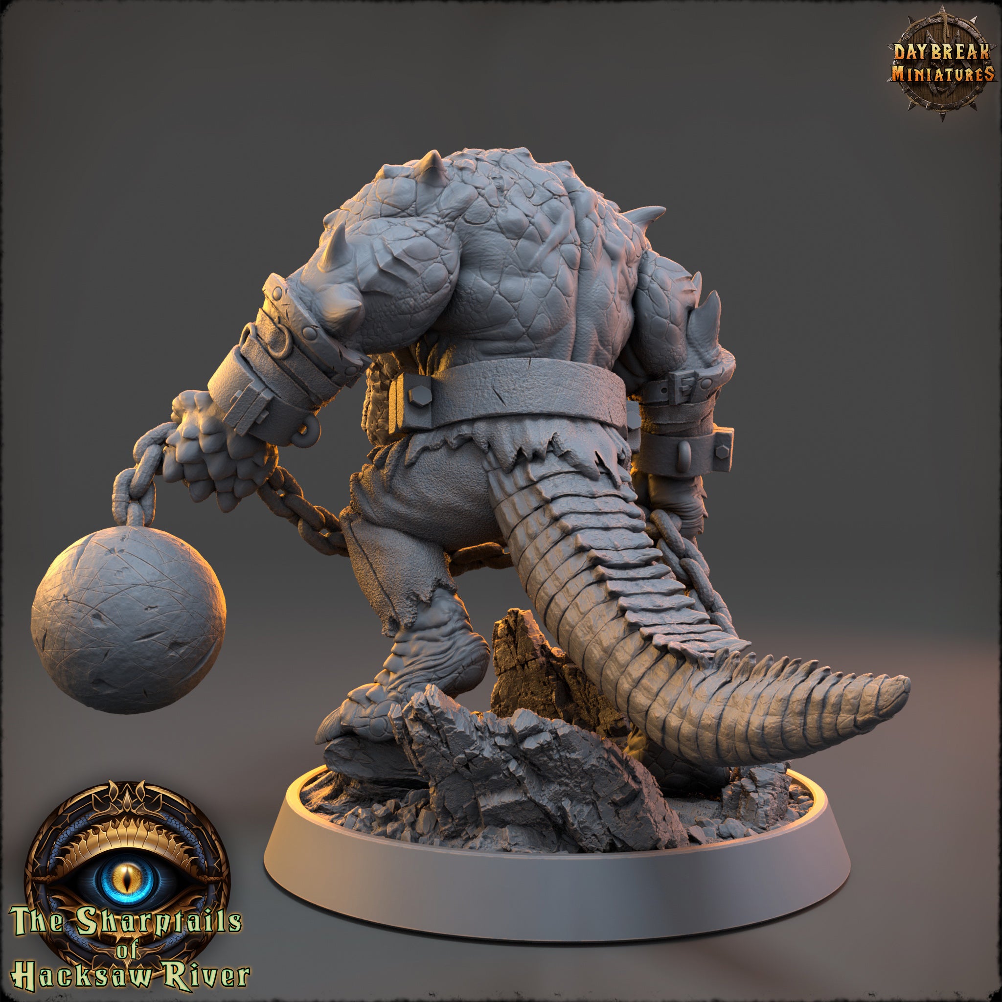 A 3D rendering of a heavily armored and battle-ready creature, possibly a dragon or serpent, with a chain around its neck and a large ball in its hand. The creature appears to be crouched or crouched in a defensive stance, ready for combat.