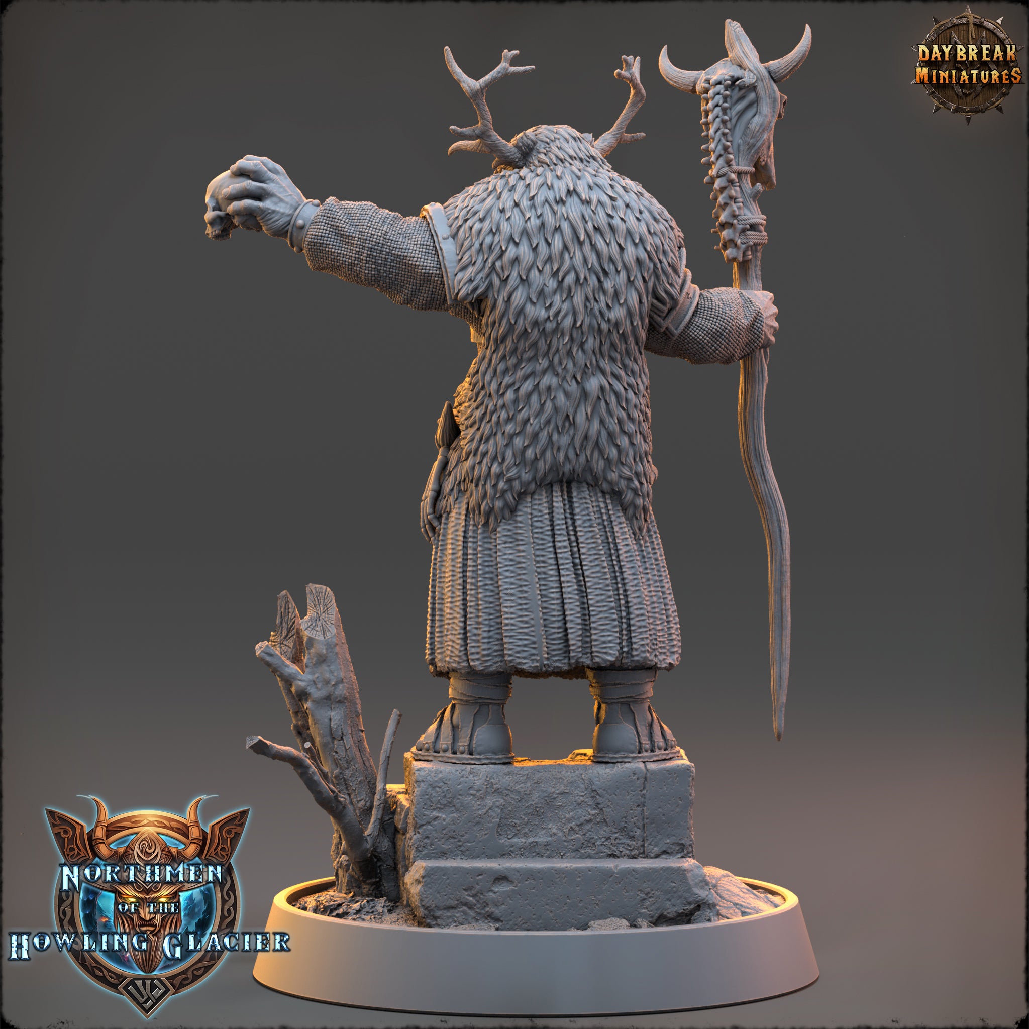 A detailed 3D model of a fantasy character, likely a deity or magical being, with intricate details and a textured, furry appearance. The character is standing on a pedestal and holding a staff or staff-like object, which suggests it may be a magical or magical-themed figure. The image is a 3D rendering of this fantastical character, and it is presented in a realistic style with a focus on the intricate details and textures.