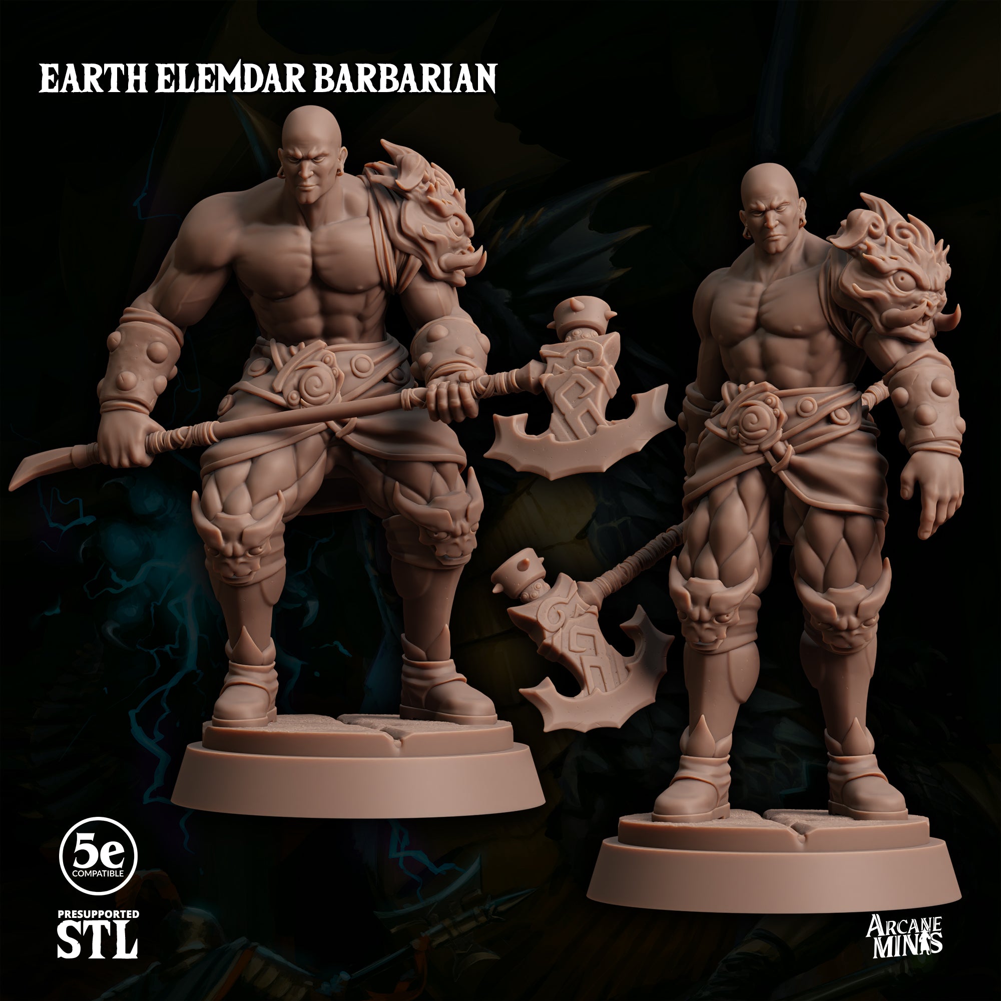 two detailed, muscular male figures in a fantasy setting, likely representing characters from a fantasy role-playing game.