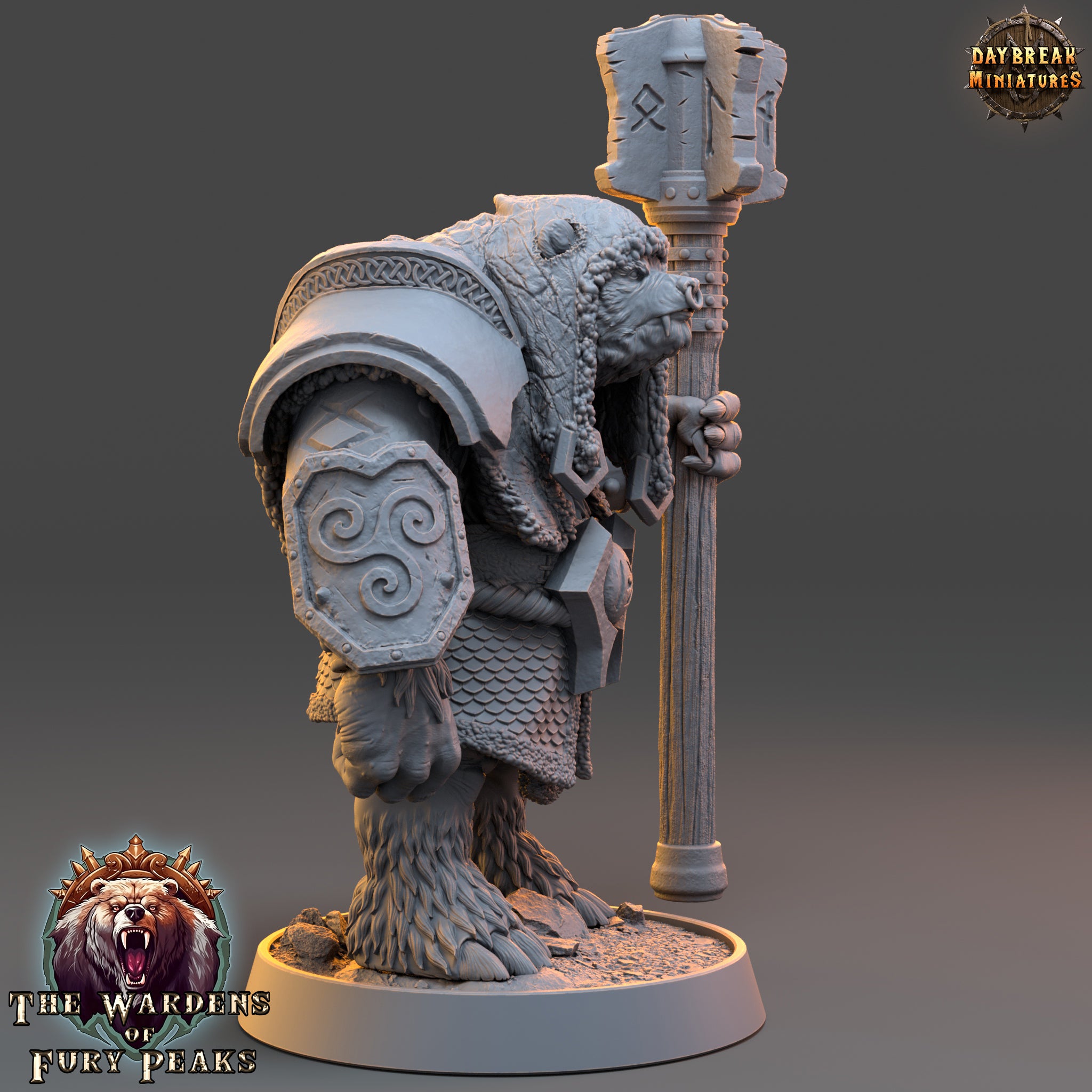 A detailed 3D model of a warrior figure, likely from the video game "The Warriors of Fear". The figure is standing on a base and holding a large weapon, possibly a mace or a club. The image is a collage of various images, including the warrior figure and other elements from the game.