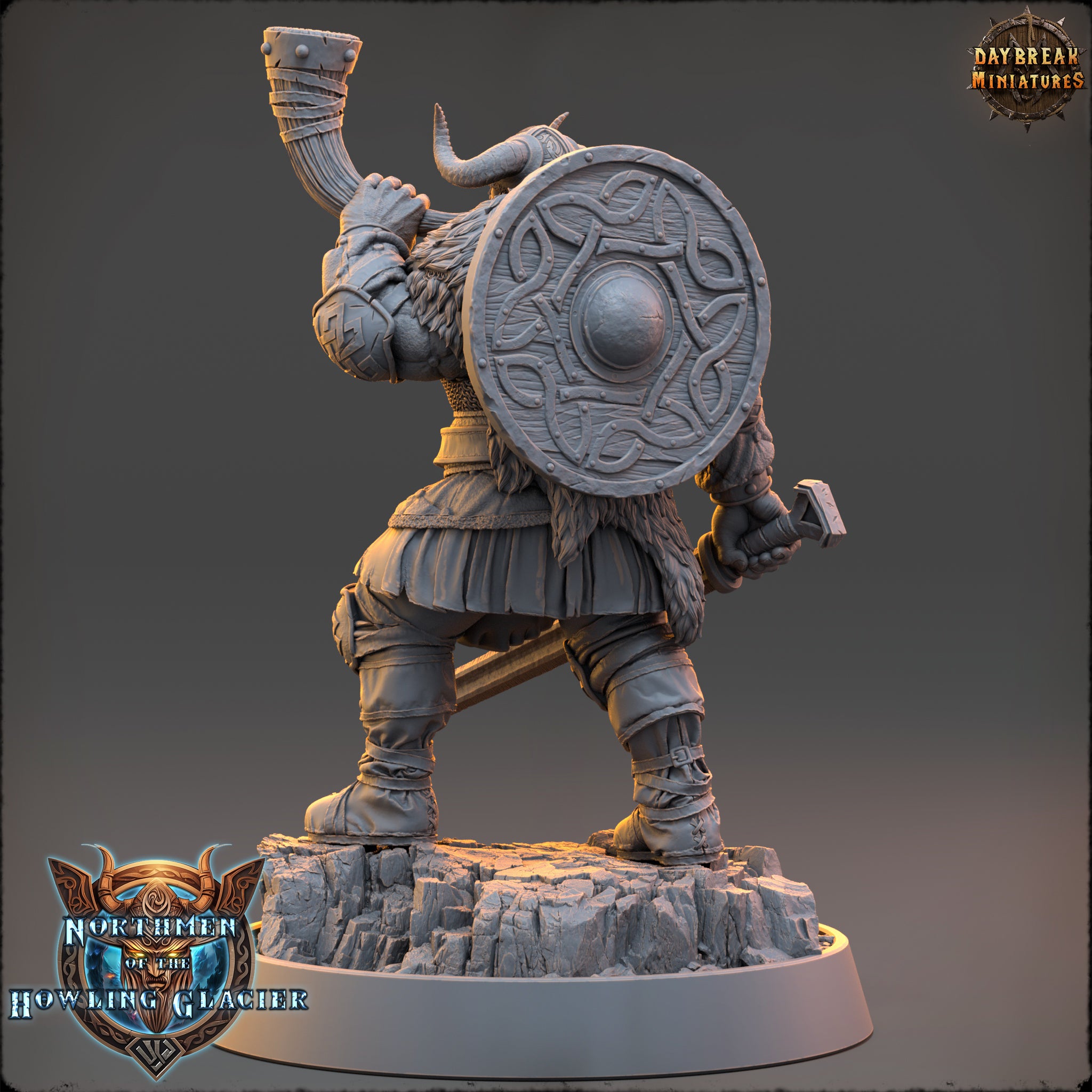 A detailed 3D model of a warrior figure, wearing a helmet and armor, standing on a rocky base.