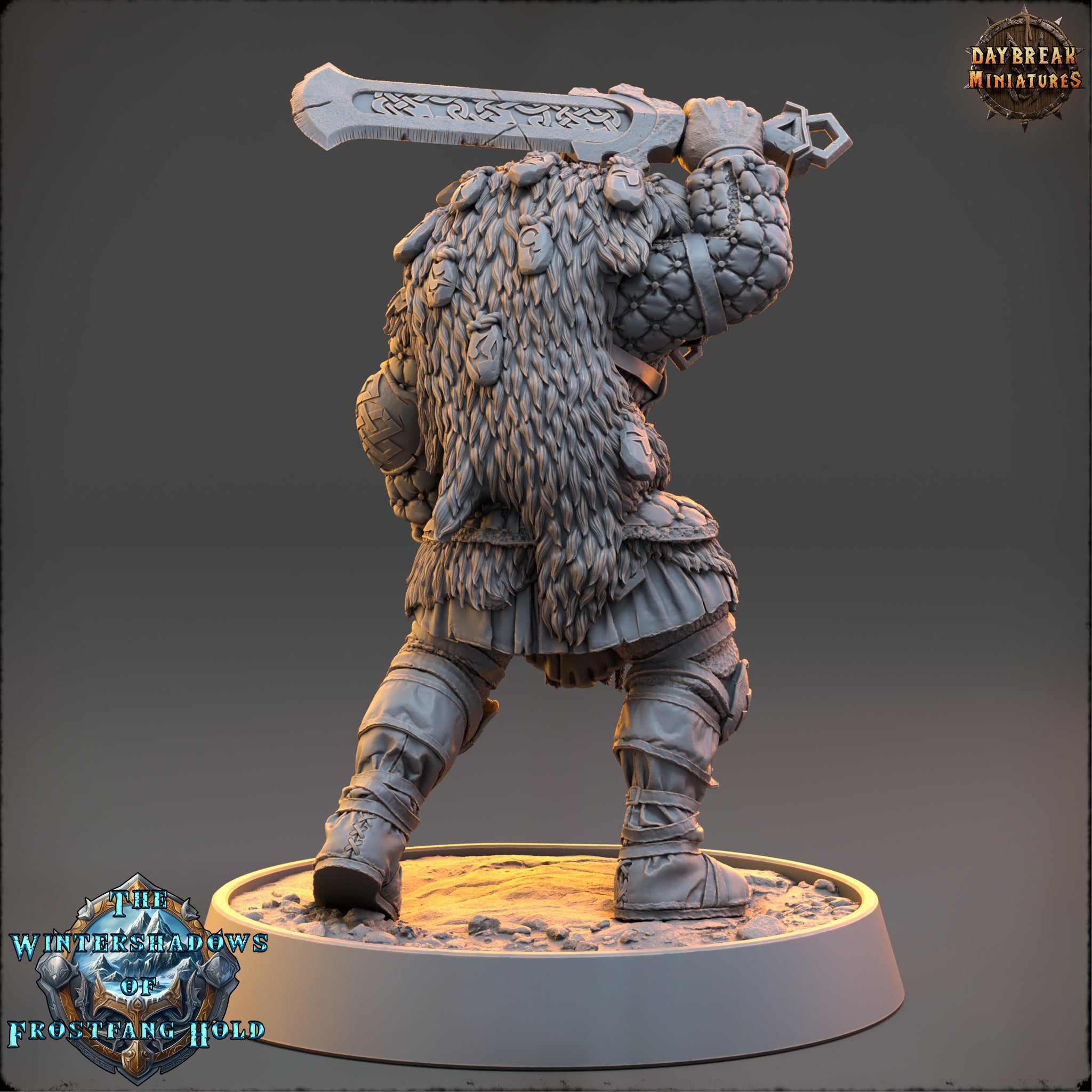 A 3D model of a warrior figure holding a sword, standing on a platform.
