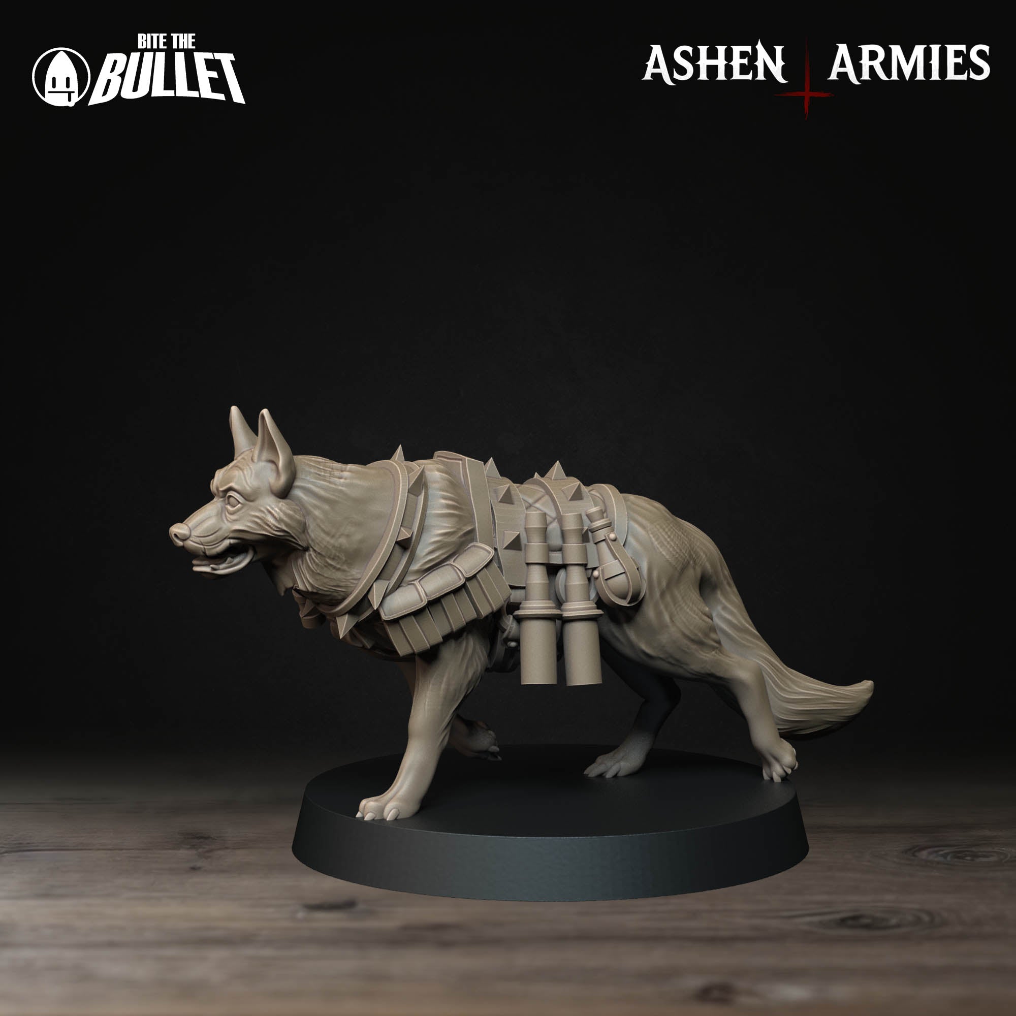 a statue of a dog with a harness on